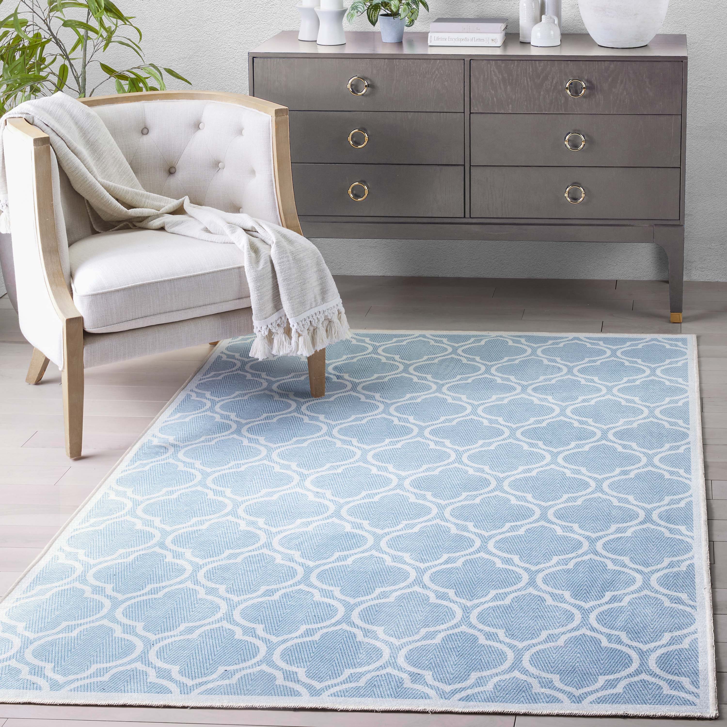 Well Woven W-MR-04G-5 5 x 7 (ft) Flatweave Polyester Light Blue Ivory Rectangular Indoor Tribal Moroccan Area rug