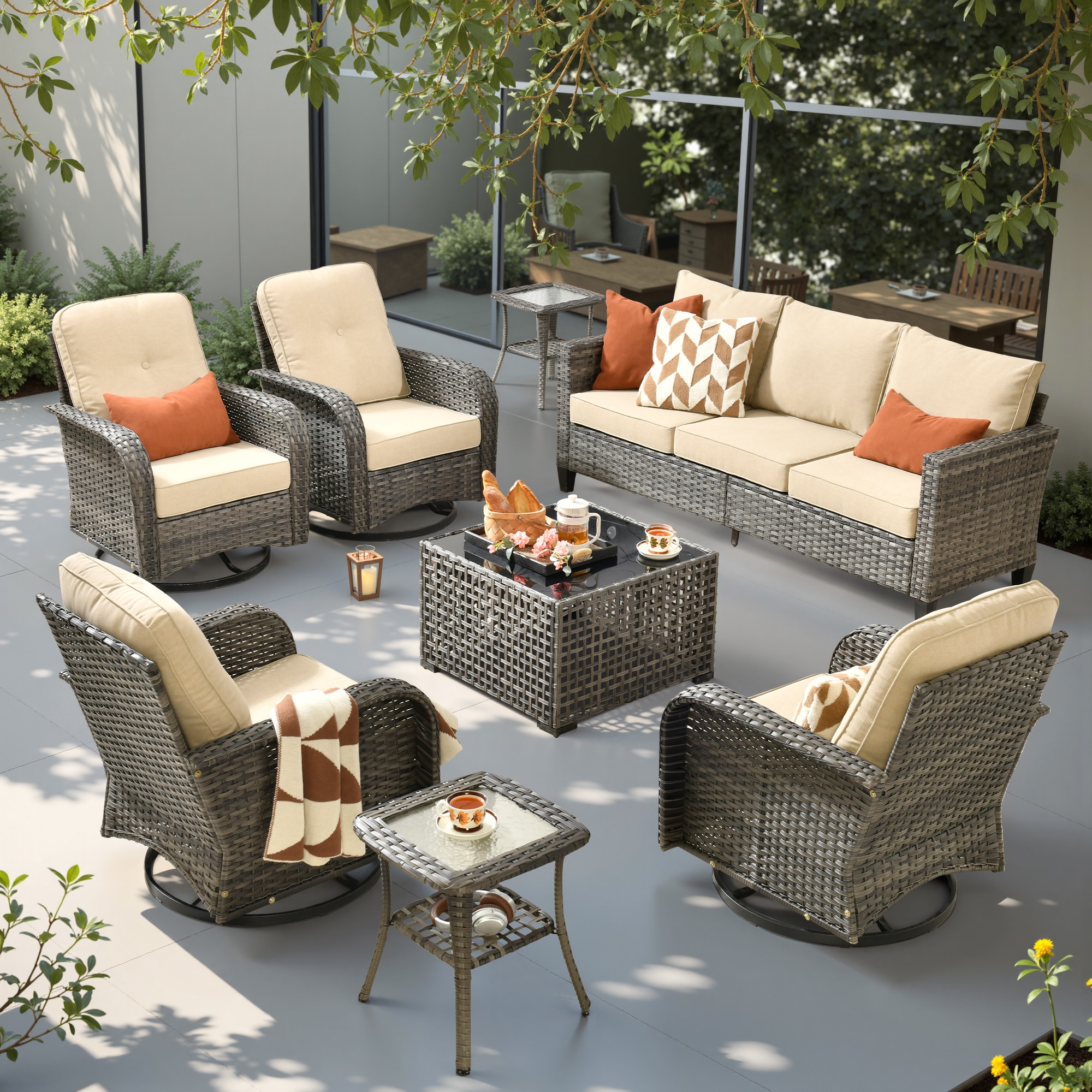 weaxty HMBYZGNCNGRS608S1 Initial 8 -Piece Wicker Patio Sofa Conversation Set with Off-white Cushions