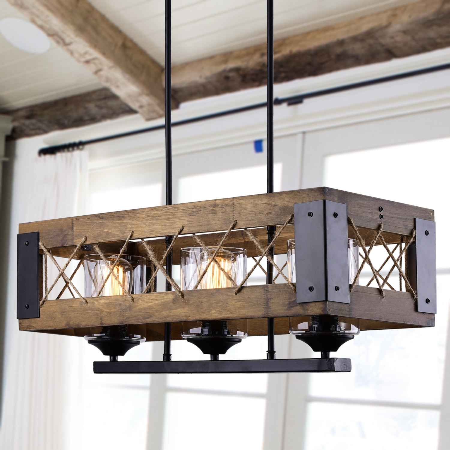 LNC Laius 3-Light Matte Black and Distressed Brown Wood Linear Farmhouse  LED Dry Rated Chandelier in the Chandeliers department at