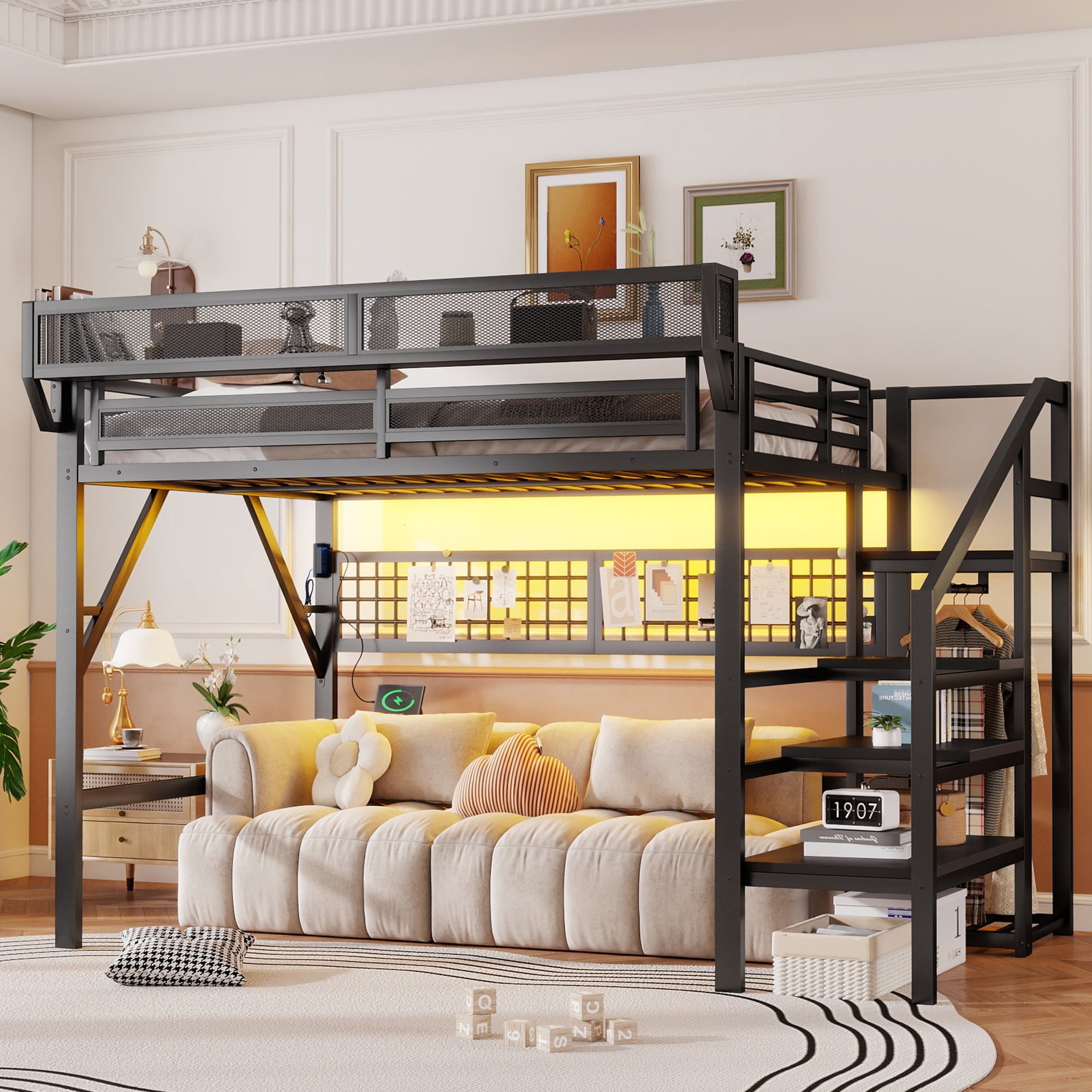 Vynxaria  Full Steel Loft Bed with Desk Charging Station Black