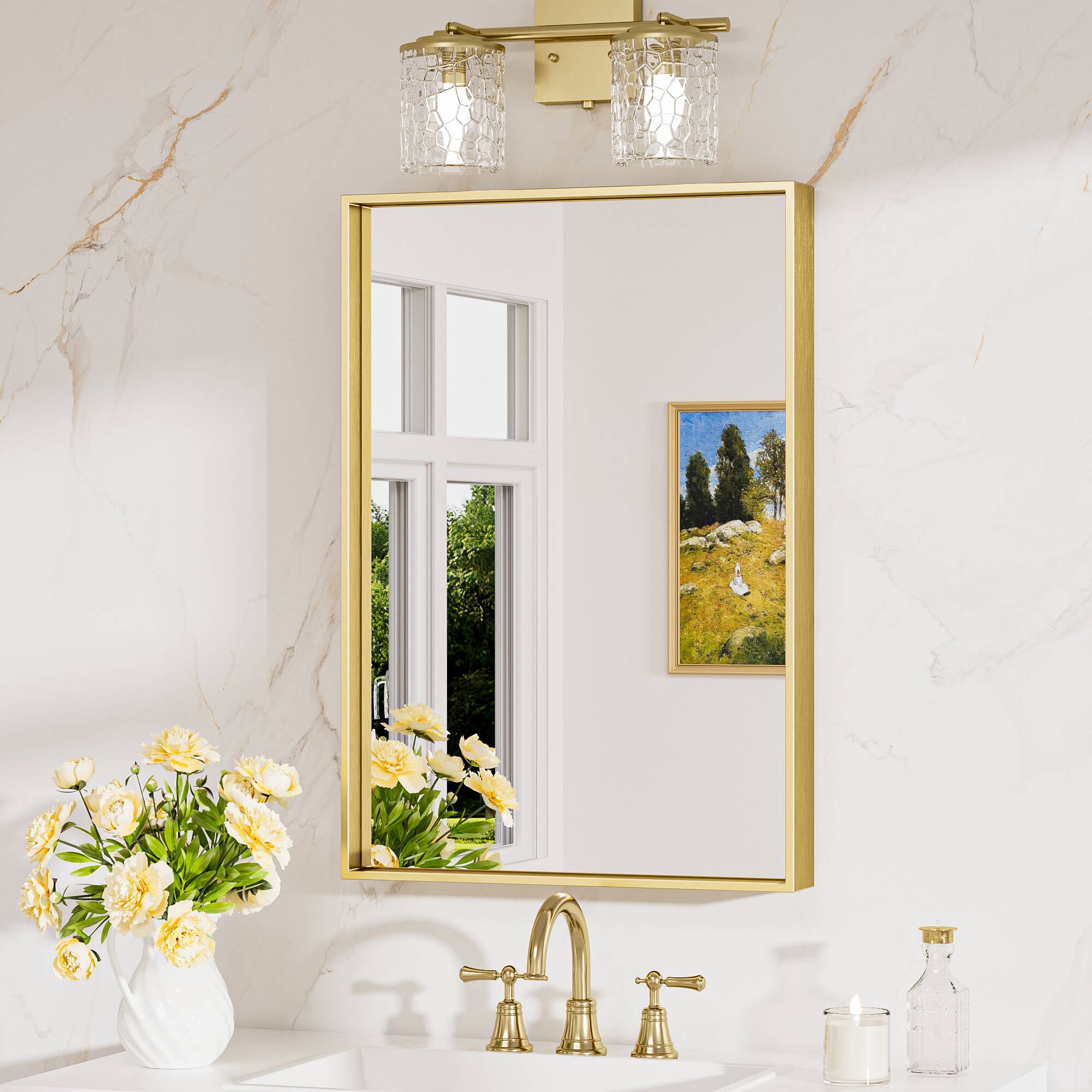 Keonjinn LW-JZ-JSKFJ-4060BD Bathroom Mirrors 16-in W x 24-in H Rectangle Brushed Gold Framed Wall Mirror