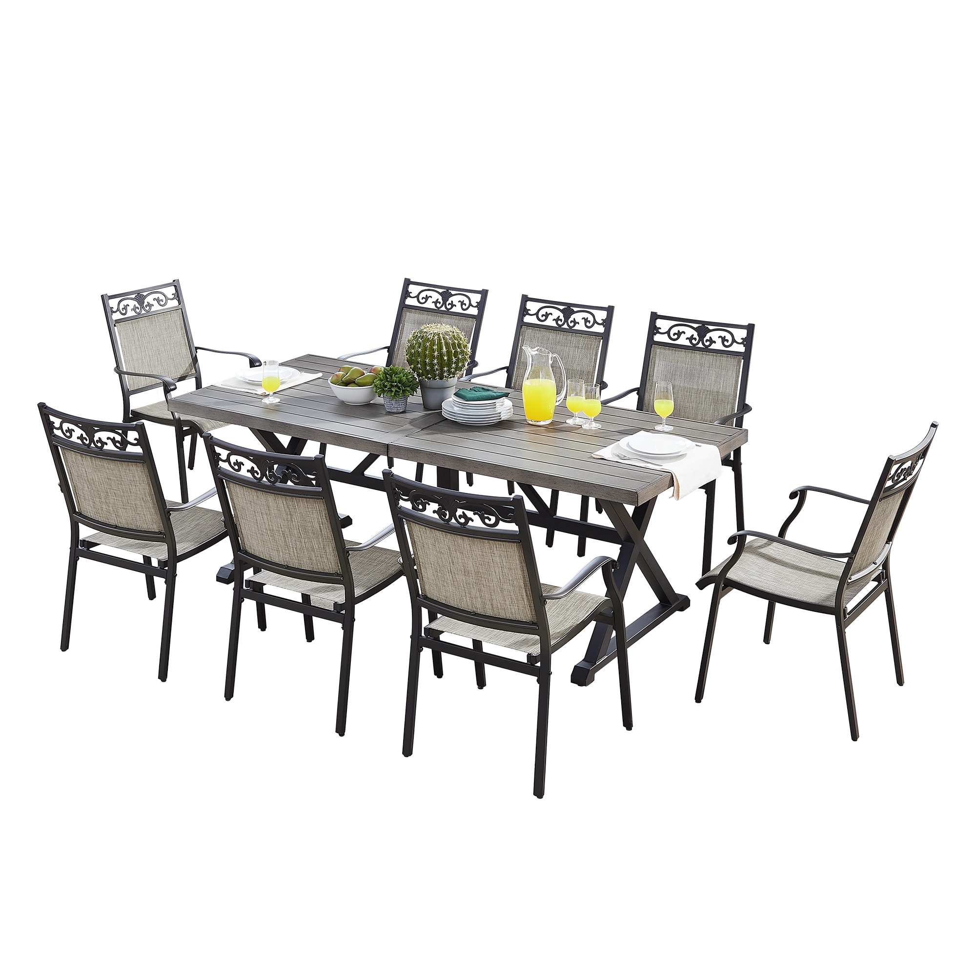 PEAK HOME FURNISHINGS 970423-970429 9 -Piece Gray Patio Dining Set Steel Rectangle Table with 8 Stackable Stationary Chairs