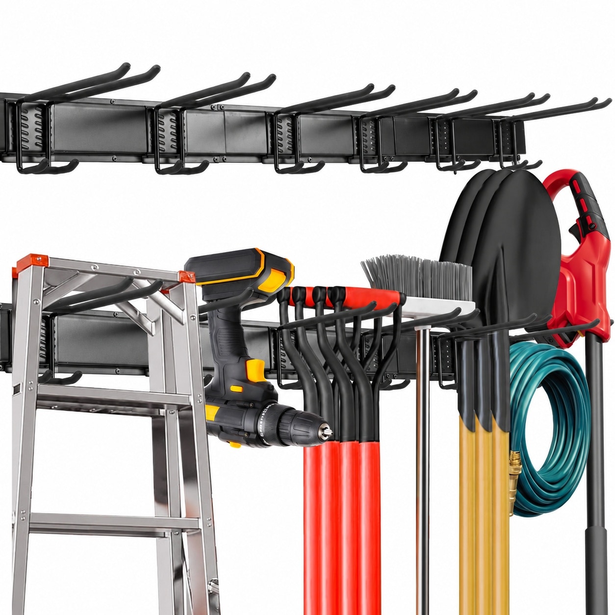 Ahfiwaso Garage Wall Tool Rack Heavy Duty Steel Organizer with 6 Double Layer Hooks and 3 Rails for Garden Yard Shed Broom Shovel and Utility Room Storage