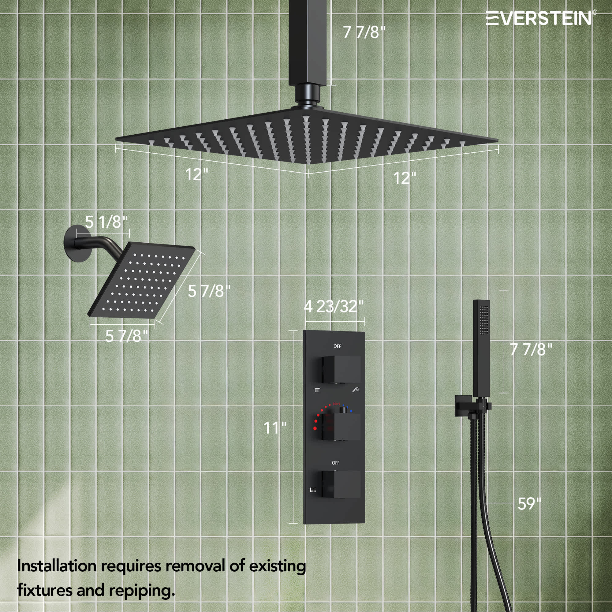EVERSTEIN SFS1004A-BK12 Showerhead-Bar-Panels - View #10