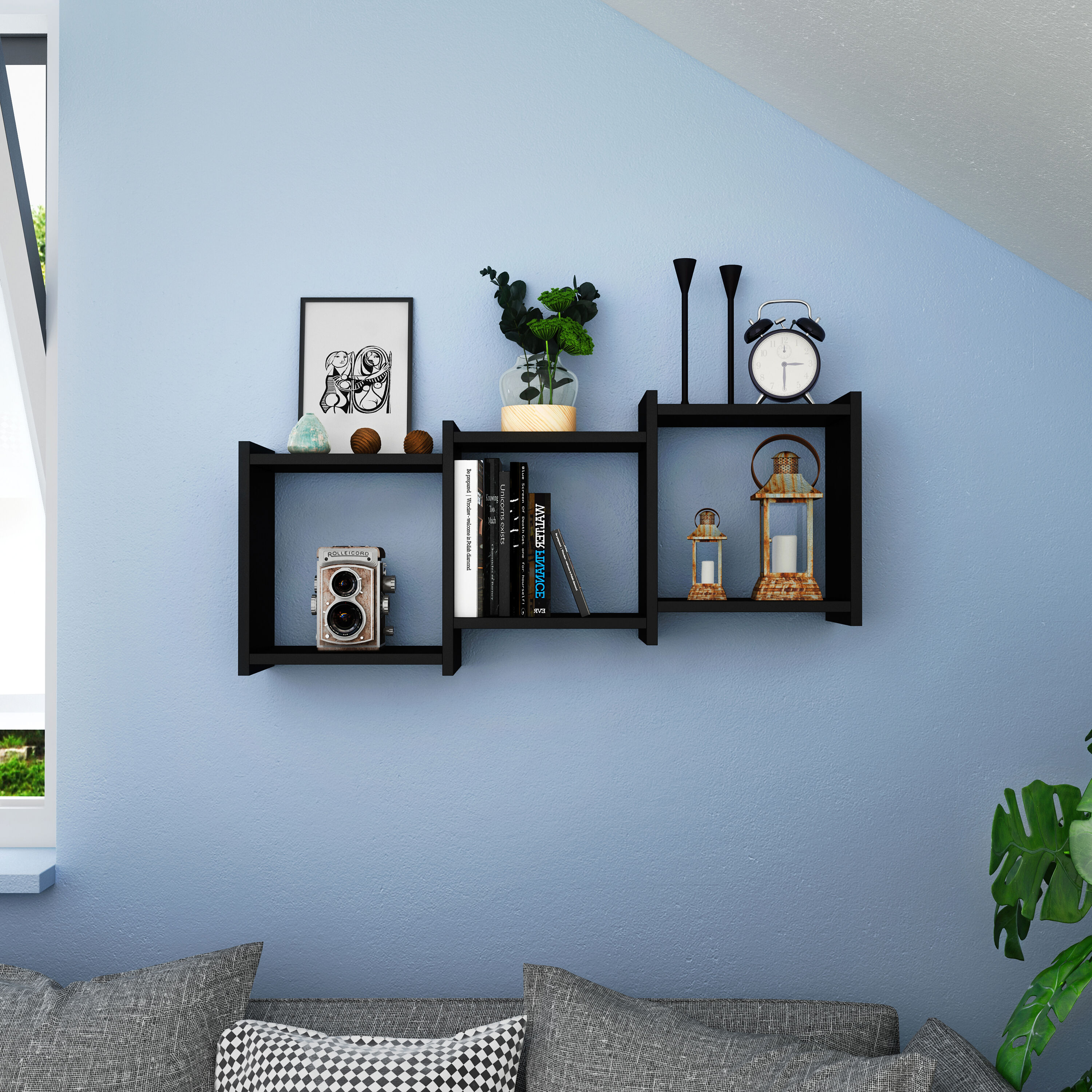 Danya B. XF170502BK 35.5-Inches L x 7.625-Inches D x 16.375-Inches H Black Laminate Rectangular Tiered shelf 3 Decorative Shelves