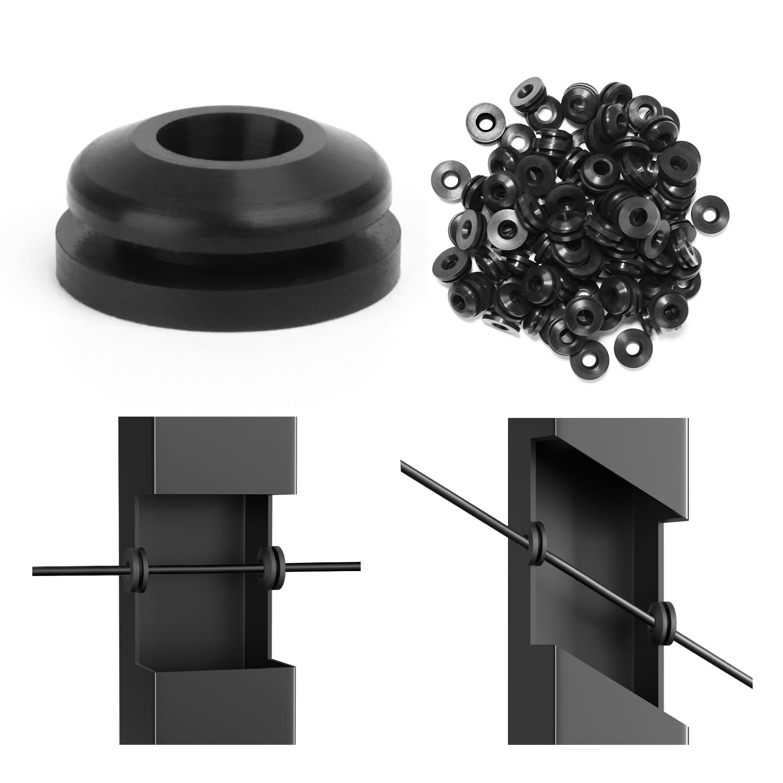 Afoxsos  Black Cable Railing Rubber Grommets 300 Pack for Level and 25 to 35 Degree Angle Stairs Wire Rope Protector Sleeves for Metal Posts 1/8