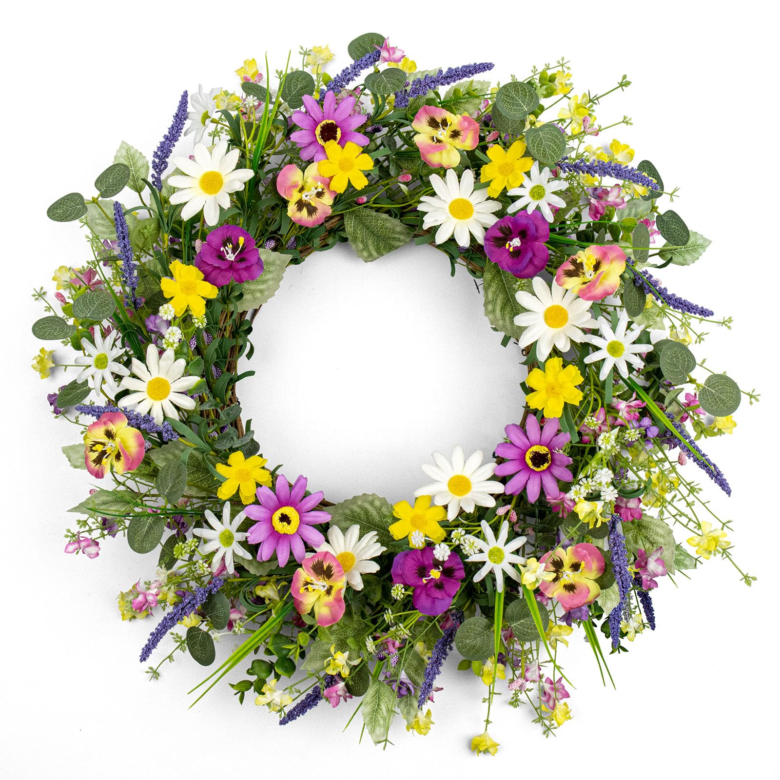 KIWDZFU  Artificial Spring Wreath 22 Inch Springtime Flower Wreath with Colorful Daisy Pink Phalaenopsis for Front Door Wall Porch Decoration