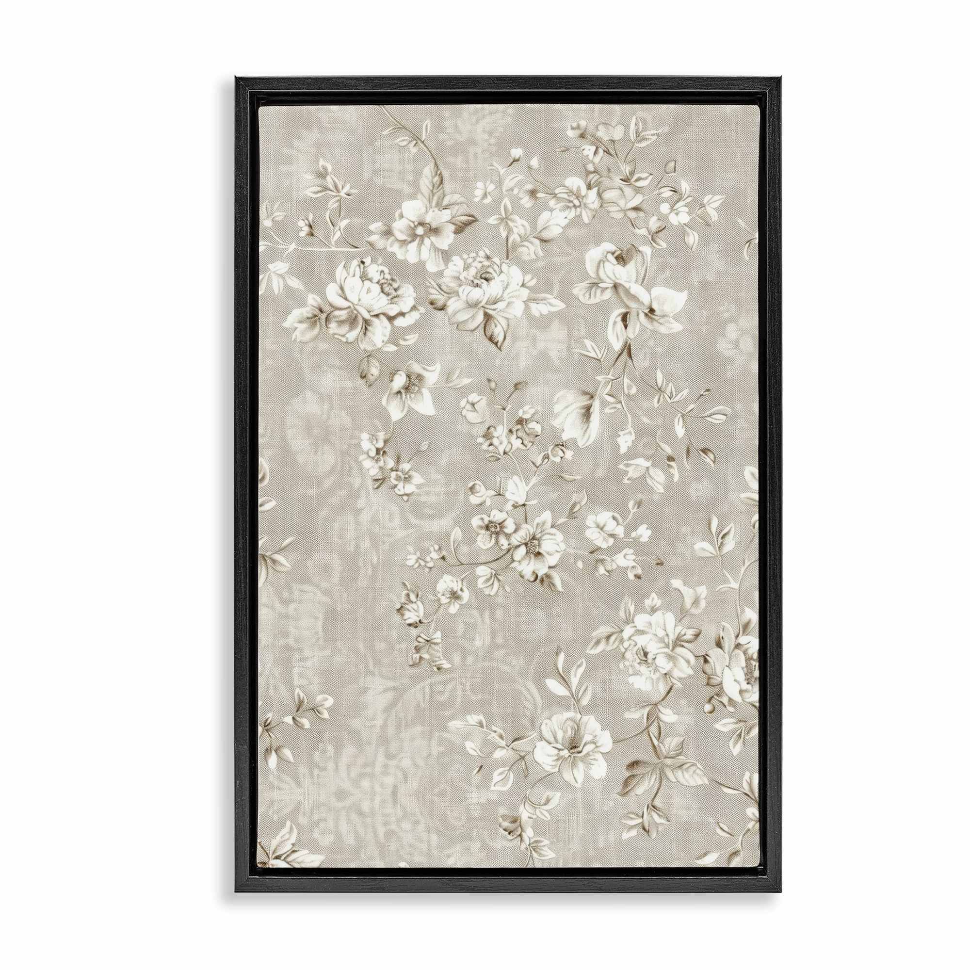 Stupell Industries BT-861-FFB-20X30 White Flowers over Damask Black Framed Floater Canvas Wall Art By LSR Creative Studio 21 x 31