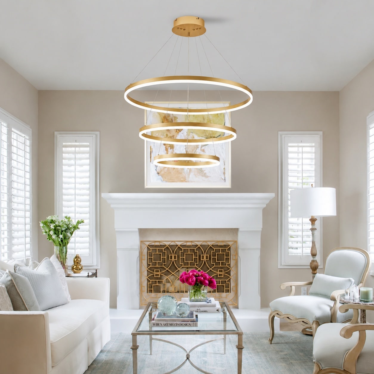 Aoibox Modern Gold 3 Ring LED Chandelier with Remote Dimmable Pendant ...