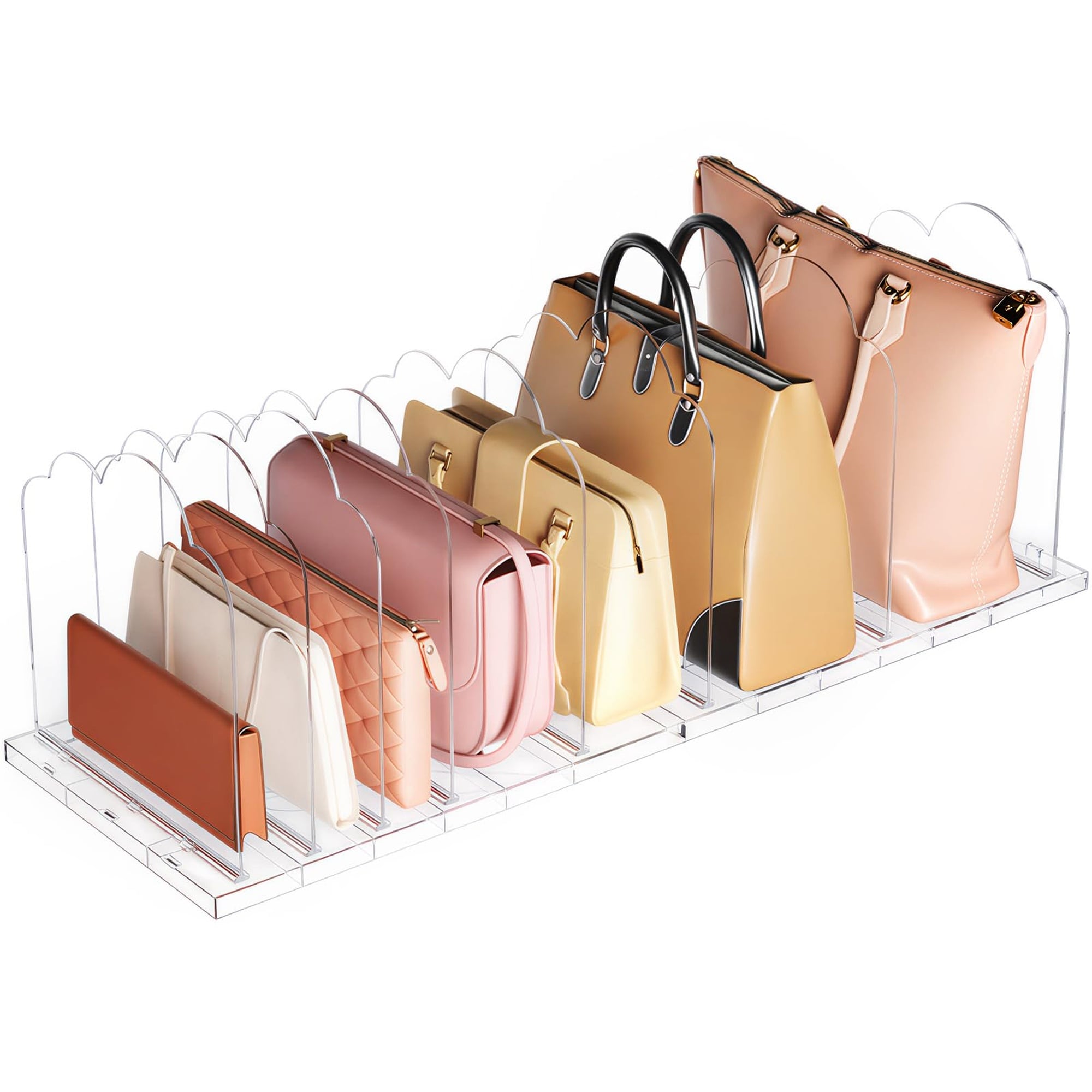 Wudkey 2 Pack 14 x 9.5 x 9.7 Inches 8-Divider Clear Plastic Adjustable Purse Organizer Closet Storage Divider Handbag Shelf Organizer