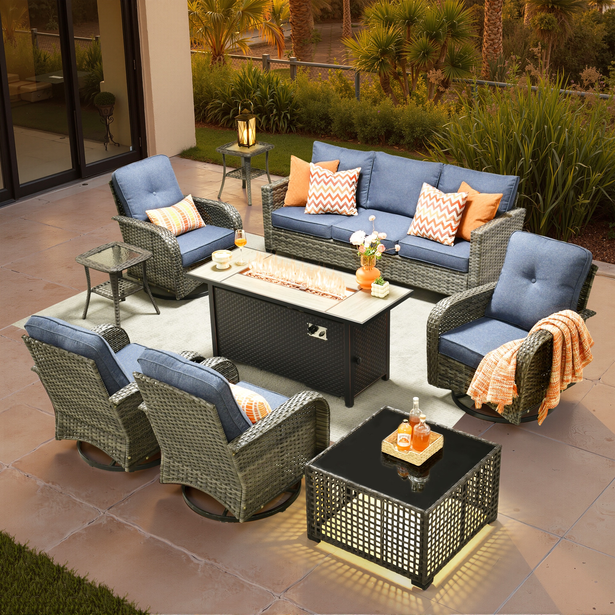 weaxty HMB8503YZGNCRS310S1 Initial 8 -Piece Wicker Patio Sofa Conversation Set with Blue Cushions