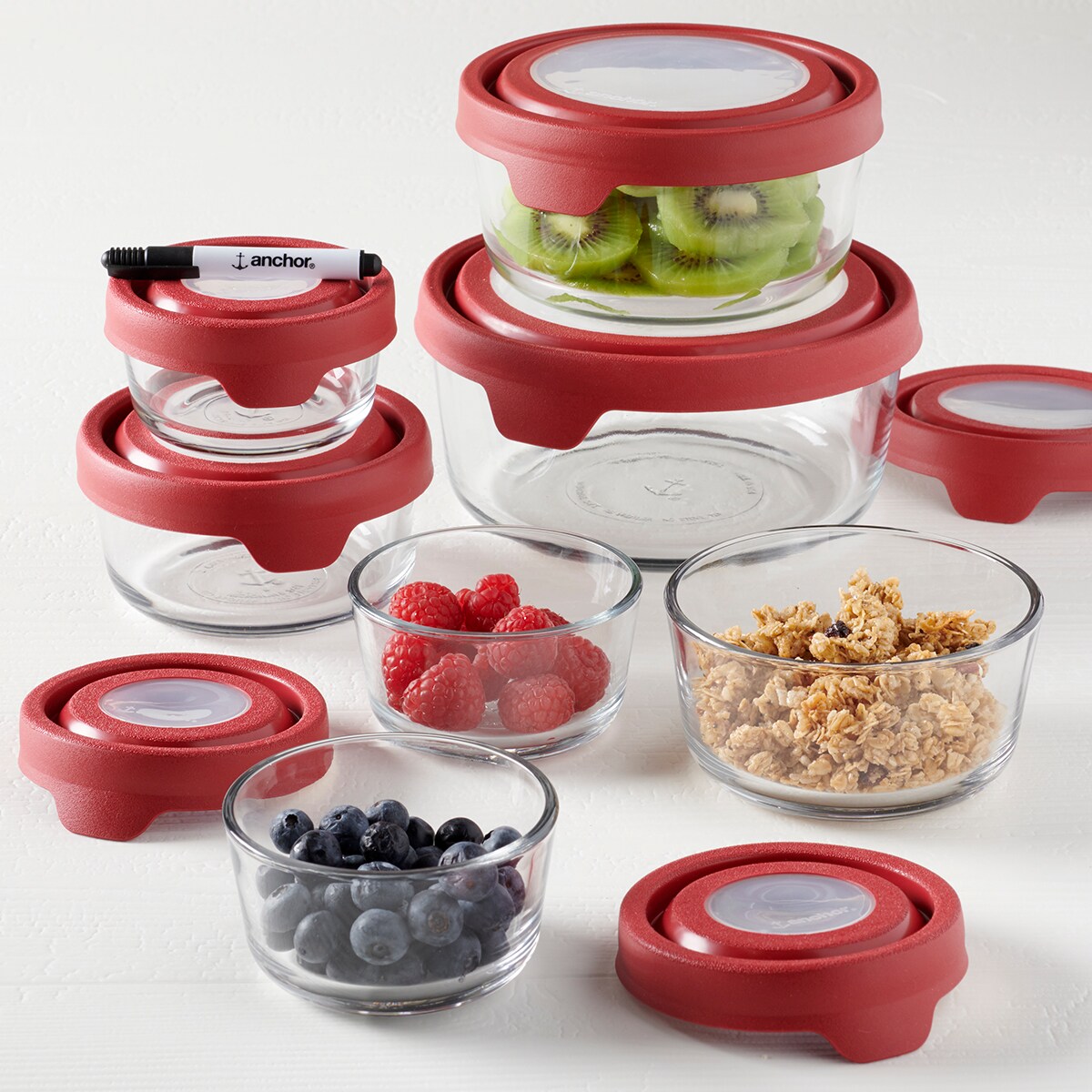 Anchor Hocking TrueSeal Glass Food Storage Container with Airtight Lid,  Cherry, 7 Cup,Red