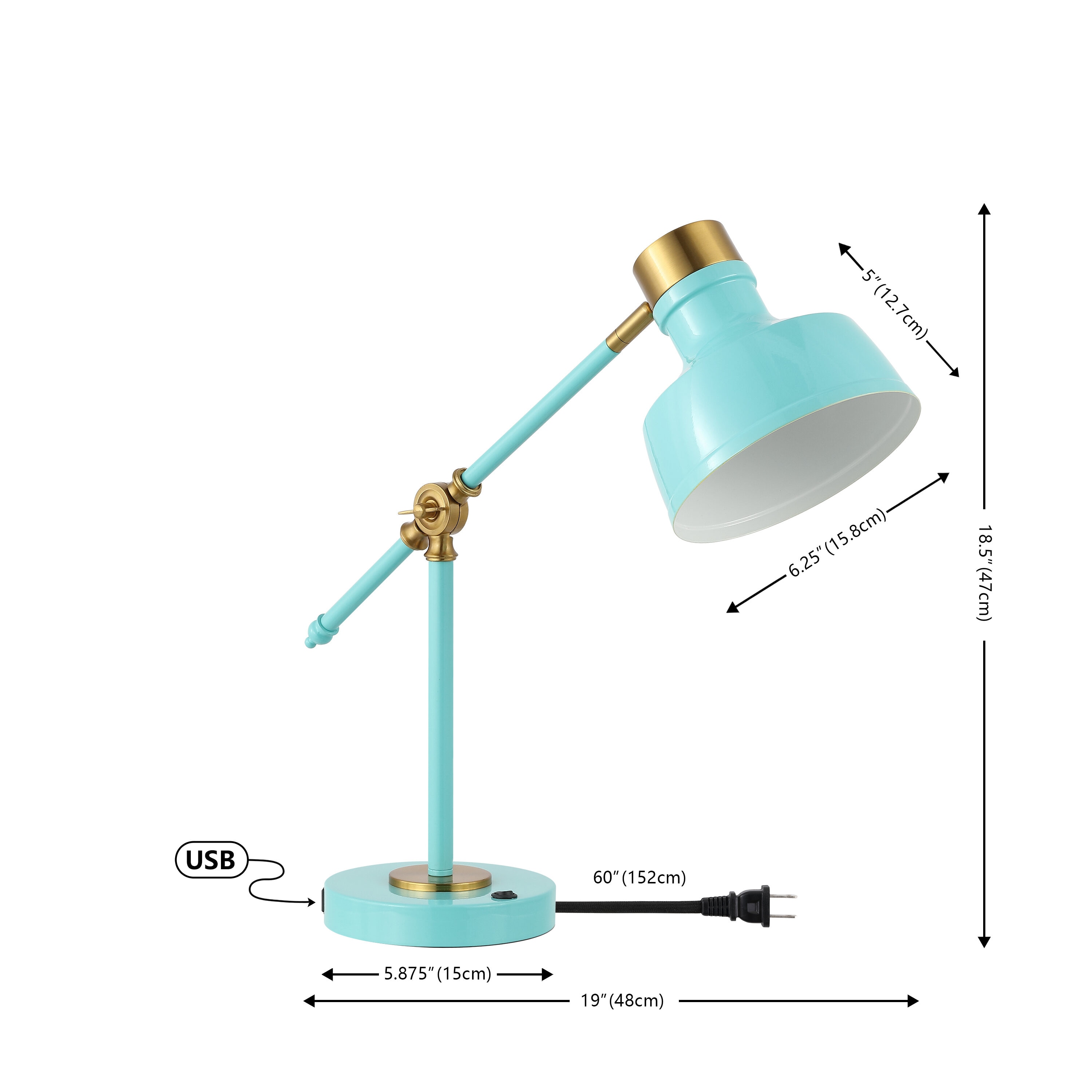 Cyan and Brass Adjustable Edison LED Task Lamp with USB