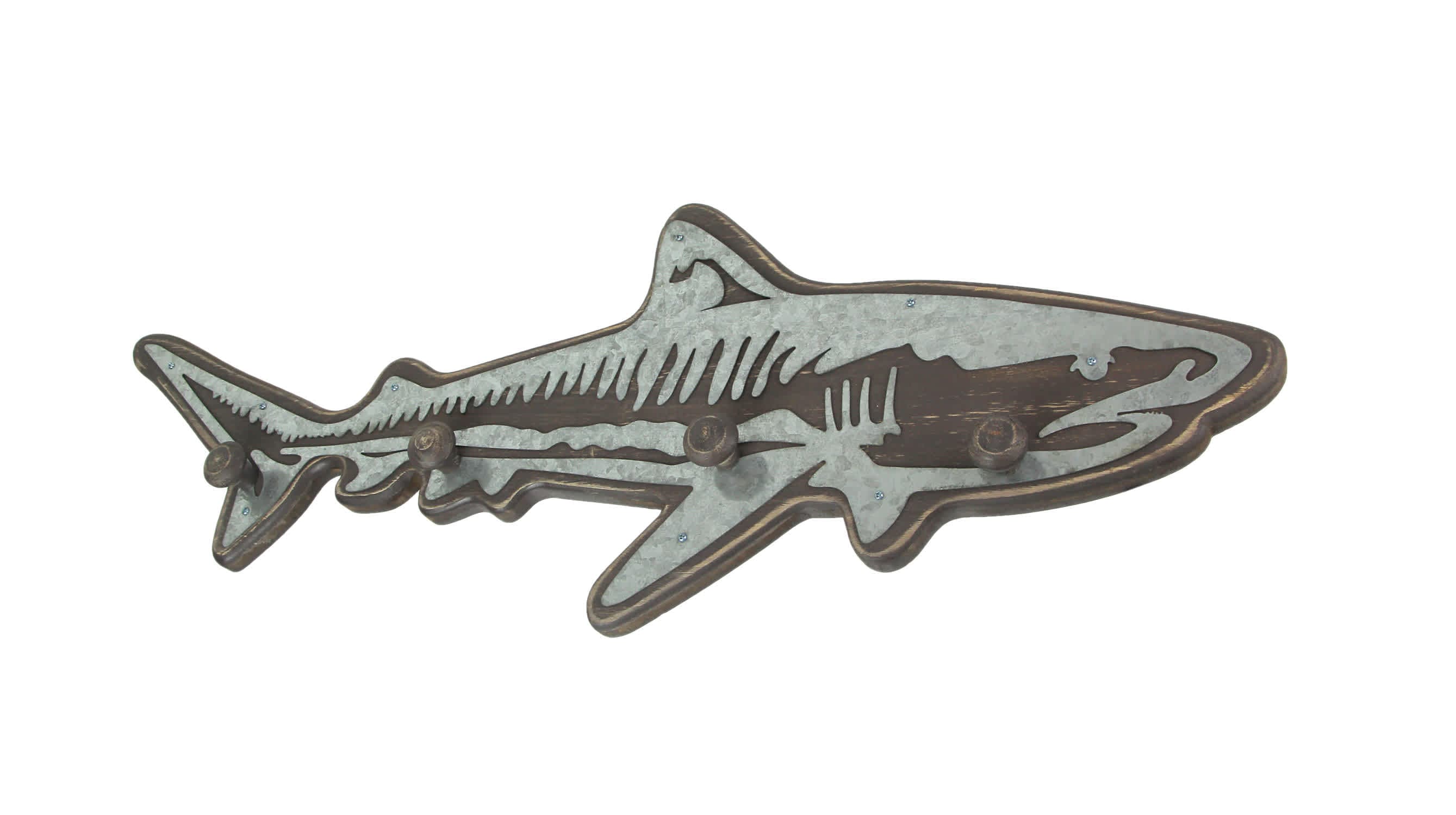 Zeckos ZKO-99109 33-Inch Rustic Wood Shark Wall Hook Rack with Galvanized Metal Accents - Coastal-Themed Decorative Art Hanging for Keys- Bags- Coats- and Towels - Beach House Decor