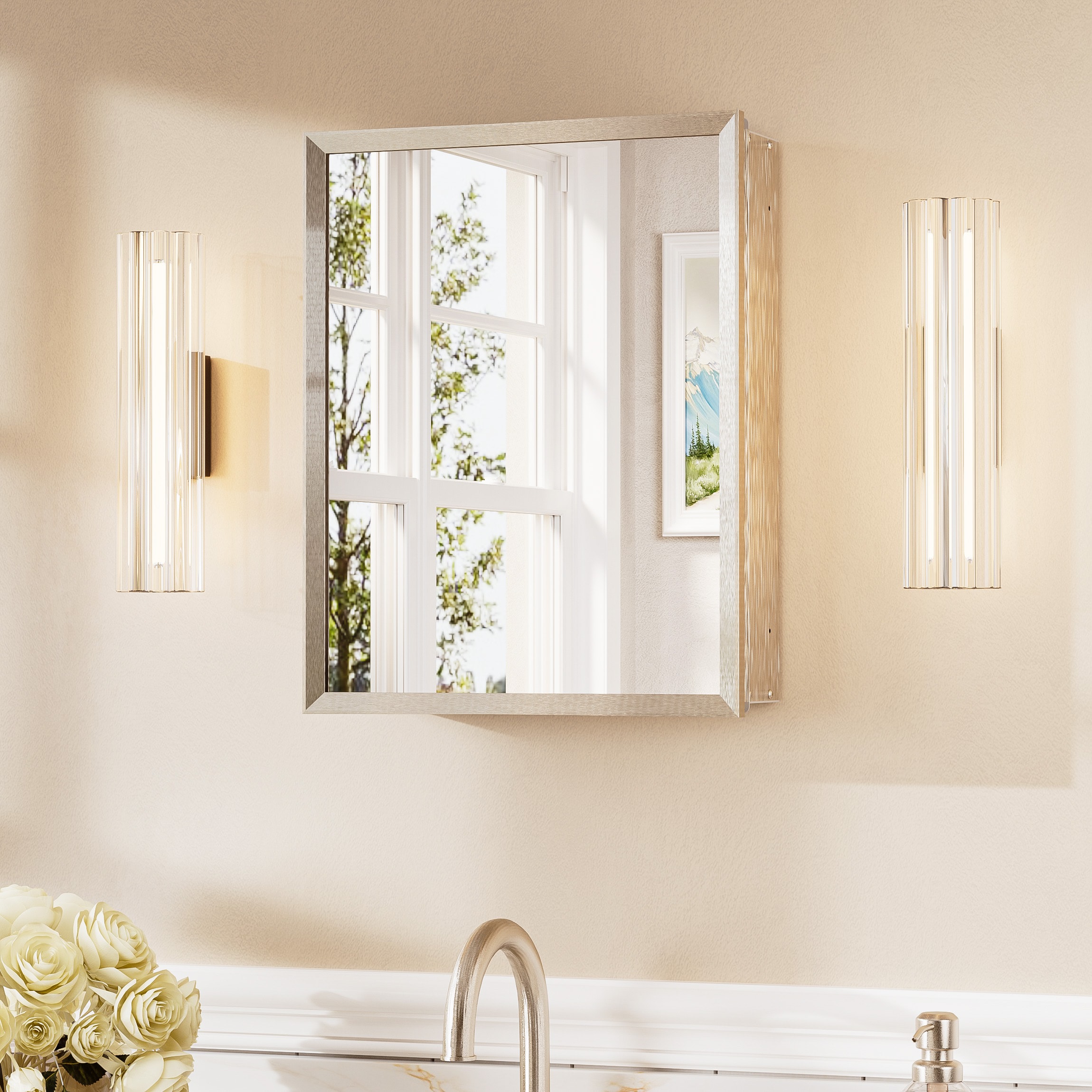 TETOTE 14x18 Brushed Nickel Medicine Cabinets Mirrors Surface/Recessed Mount Mirrored Rectangle Soft Close Medicine Cabinets
