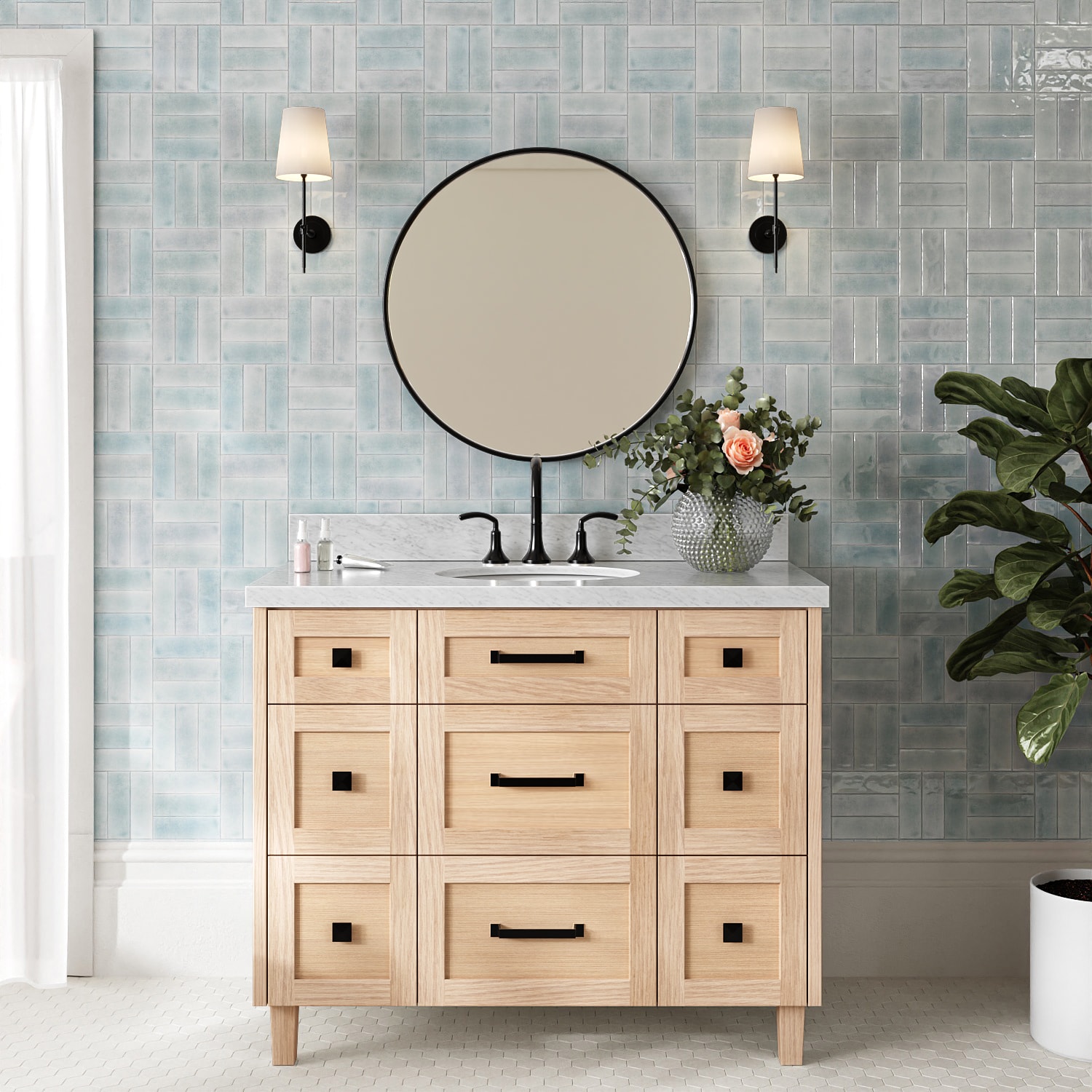 ARIEL - Monroe 42-in Oak Undermount Single Sink Bathroom Vanity with Carrara White Marble Marble Top