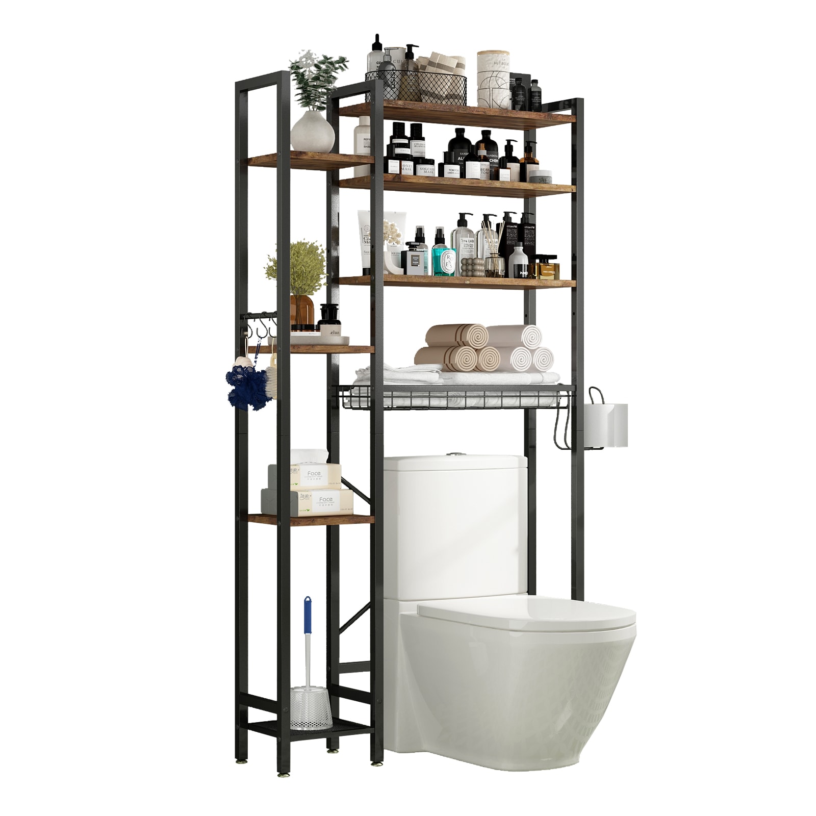 KTMBDW 8-Tier Over The Toilet Storage with Side Rack - Freestanding Bathroom Organizer with Adjustable Shelf and Drain Basket -White