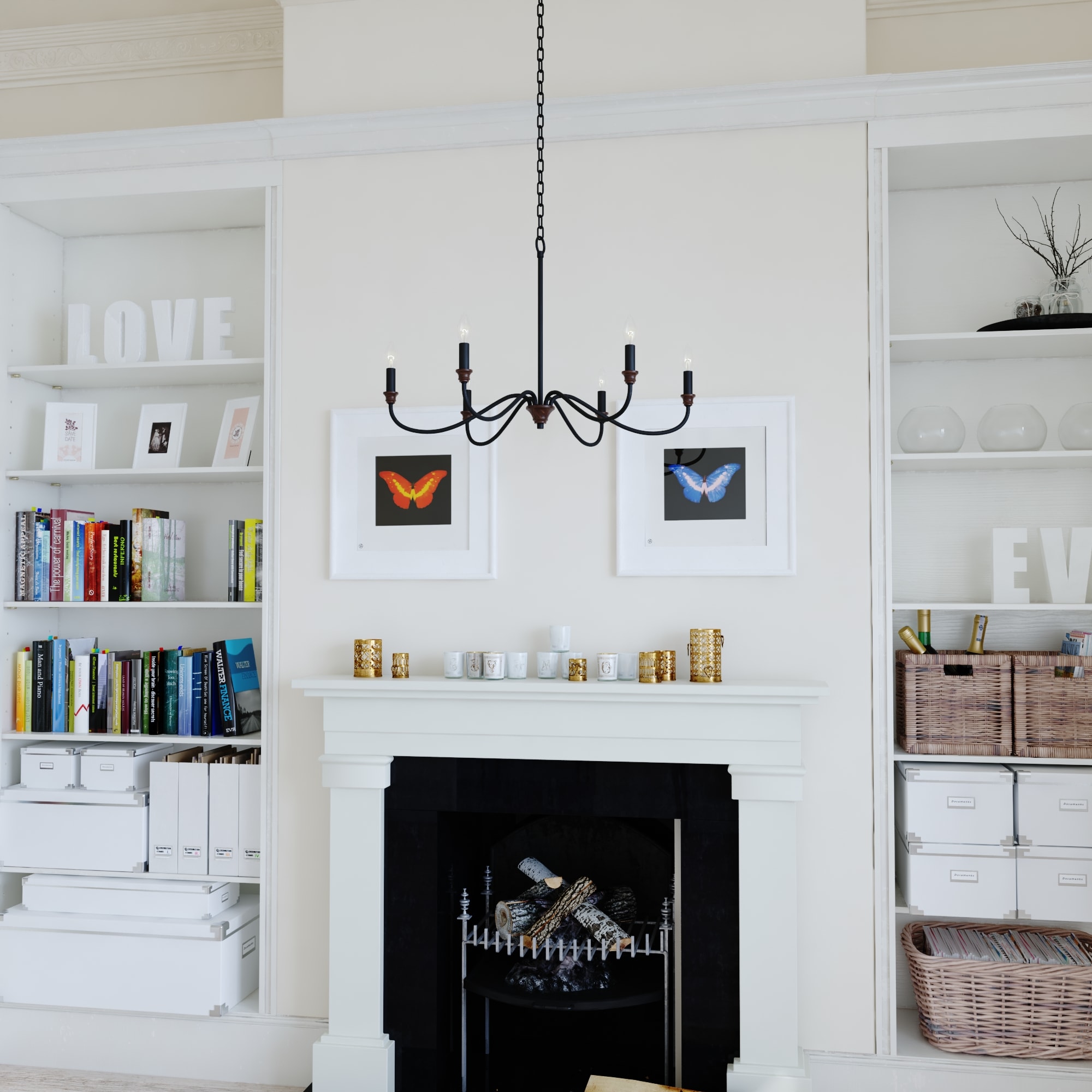 Annabelle 30" Matte Black & Brushed Walnut 6-Light Chandelier