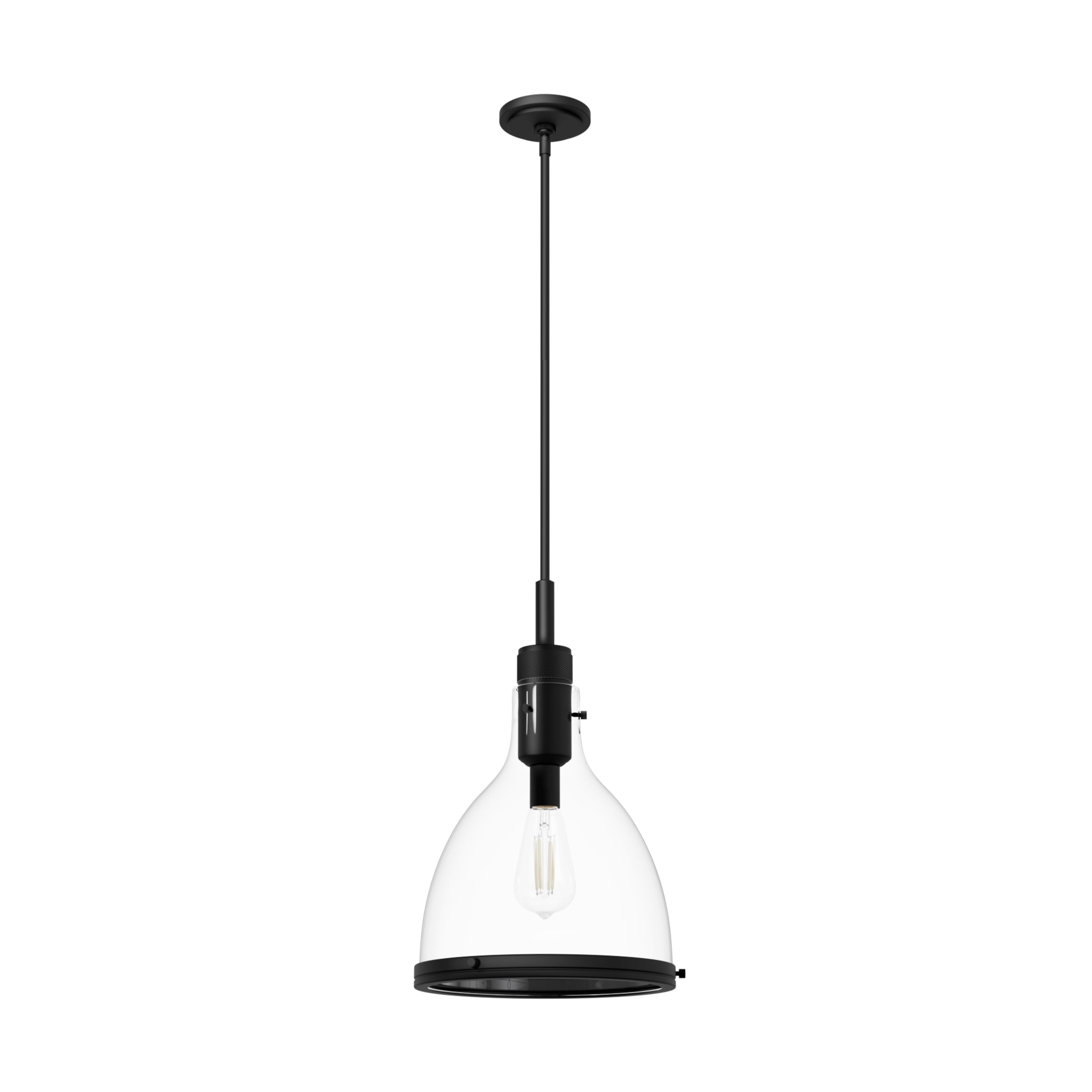Hunter 48042 Van Nuys 1 -Light Matte Black Transitional Clear glass Bell Mini Hanging Pendant light