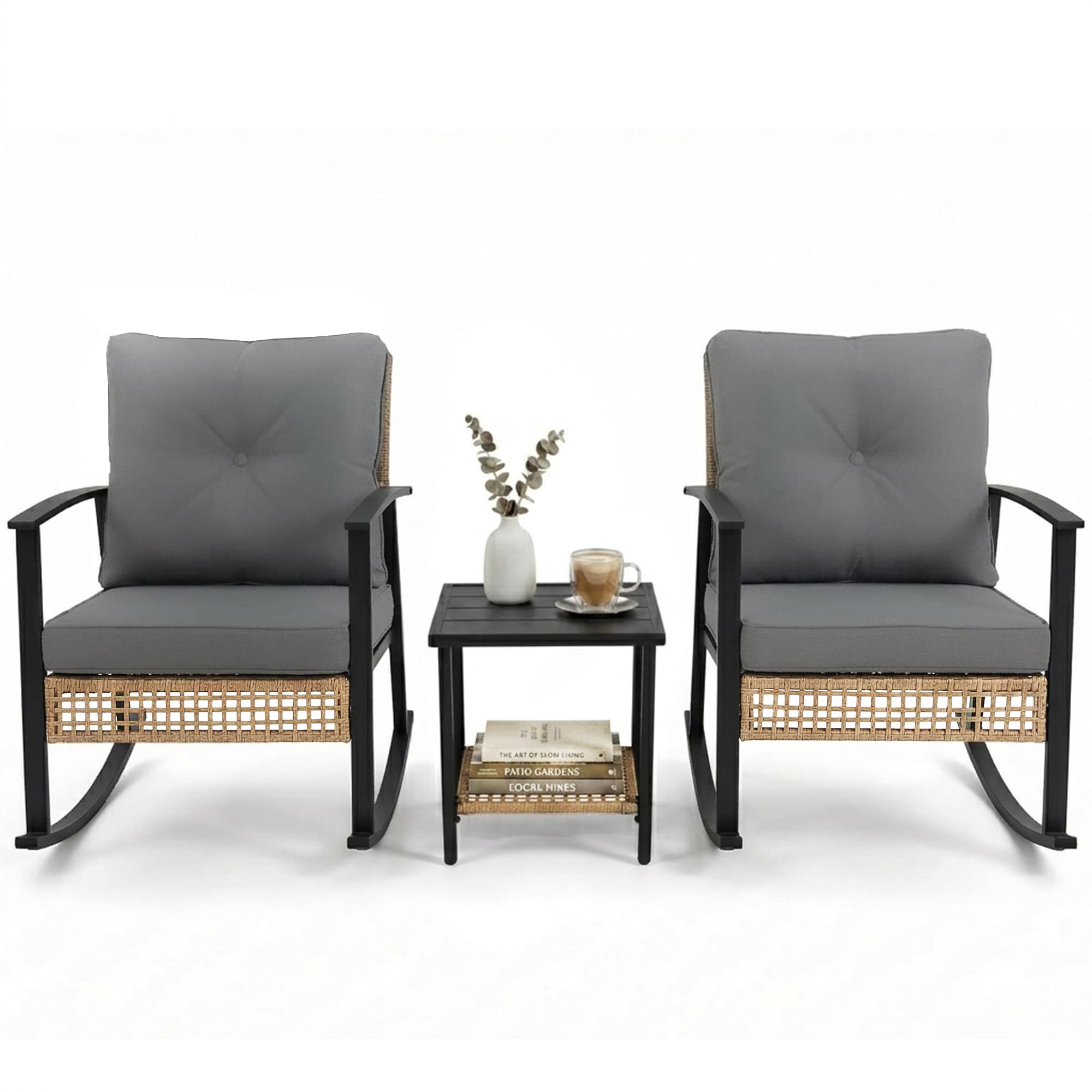PatioEasy 3 Piece Rocking Bistro Set Outdoor Patio Furniture with Thick Cushions and Coffee Table Oversize Conversation Set Gray