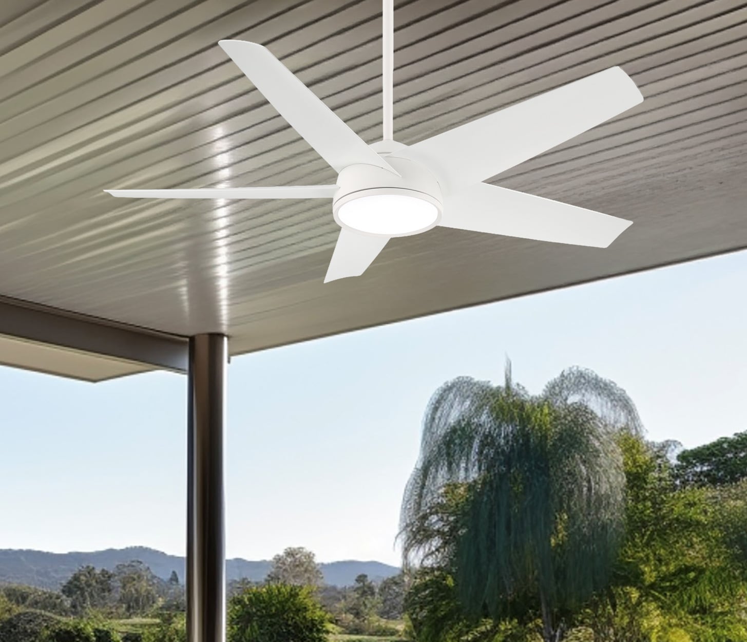 Minka Aire Chubby 58-in Flat White with Flat White Blades LED Uncovered Outdoor Smart Ceiling Fan With Light and Remote Control Included 5 -Blade