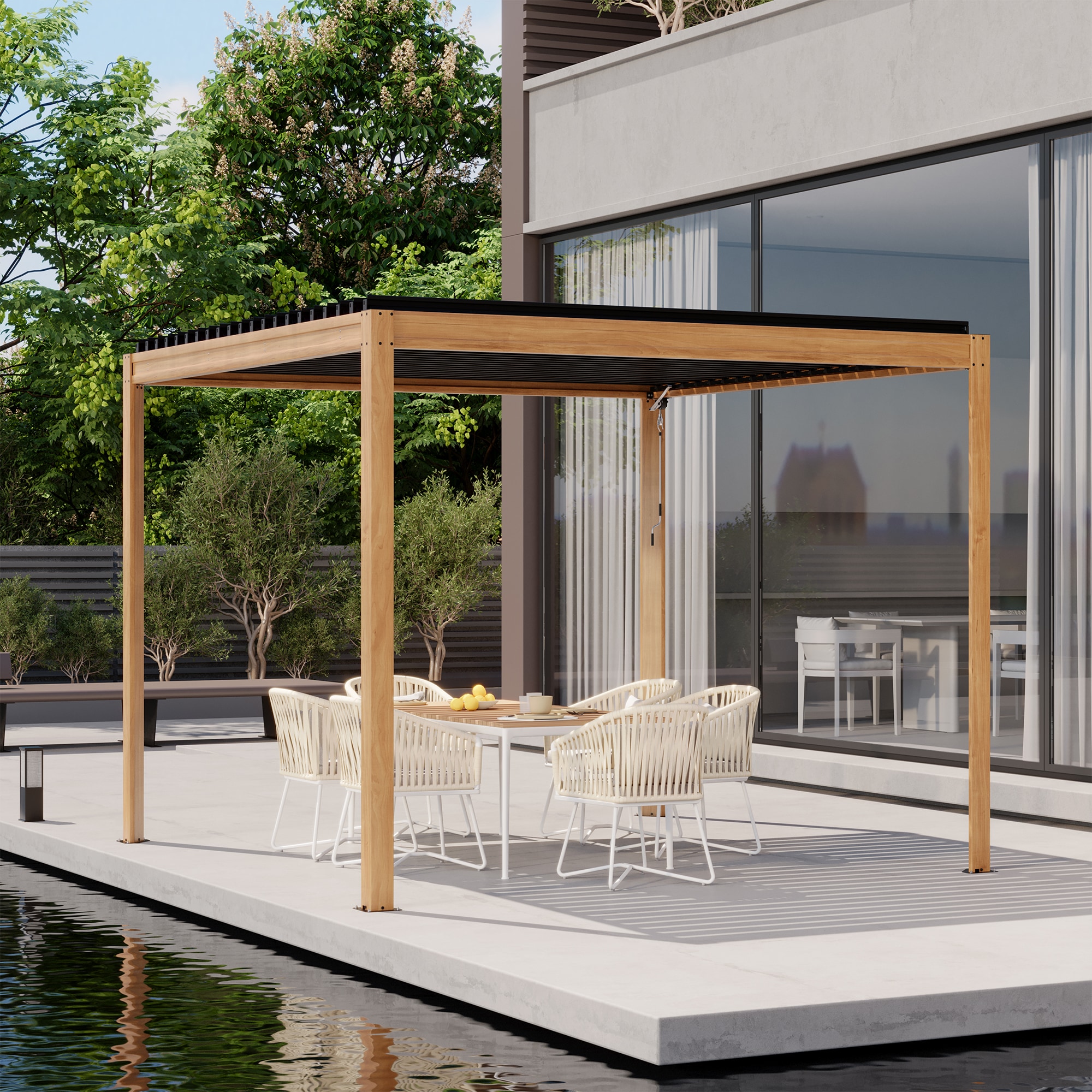 Mondawe 10x10 Ft Aluminum Pergola Wood grain color 10 ft W x 10 ft L x 7 ft 8 in H Wood looking Metal Freestanding Pergola with Canopy MO WF001012 at Lowes