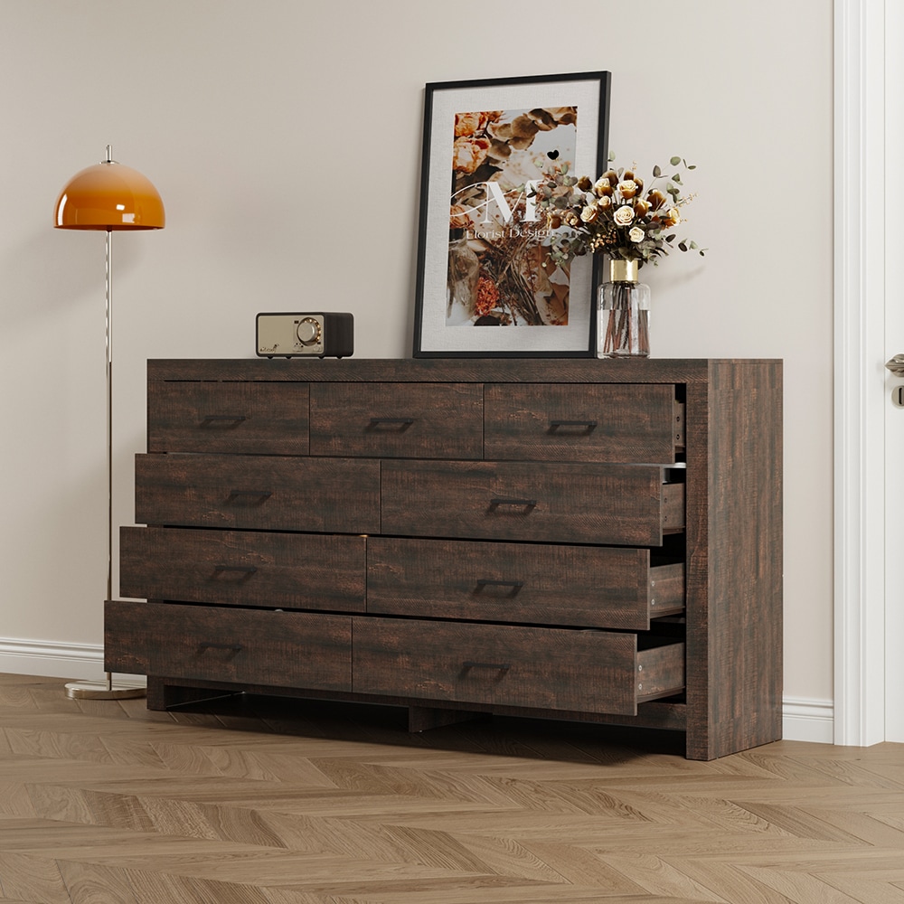 Famapy 9-Drawer Dresser with Black Handles and Elevated Base 63''L x  15.7''W x 35.4''H Deep Brown Wood Grain in the Dressers department at  Lowes.com
