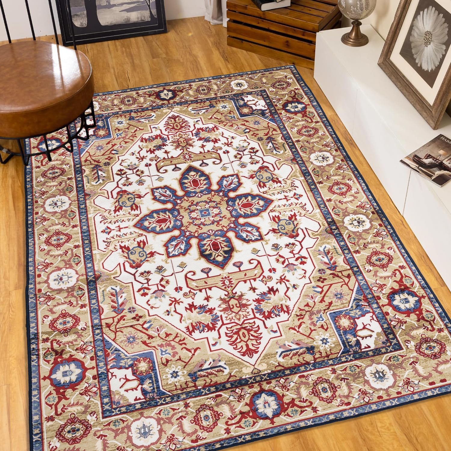 Boyel Living - 6x9 Vintage Bohemian Area Rug Non Slip Washable Flower Design Blue and Gold