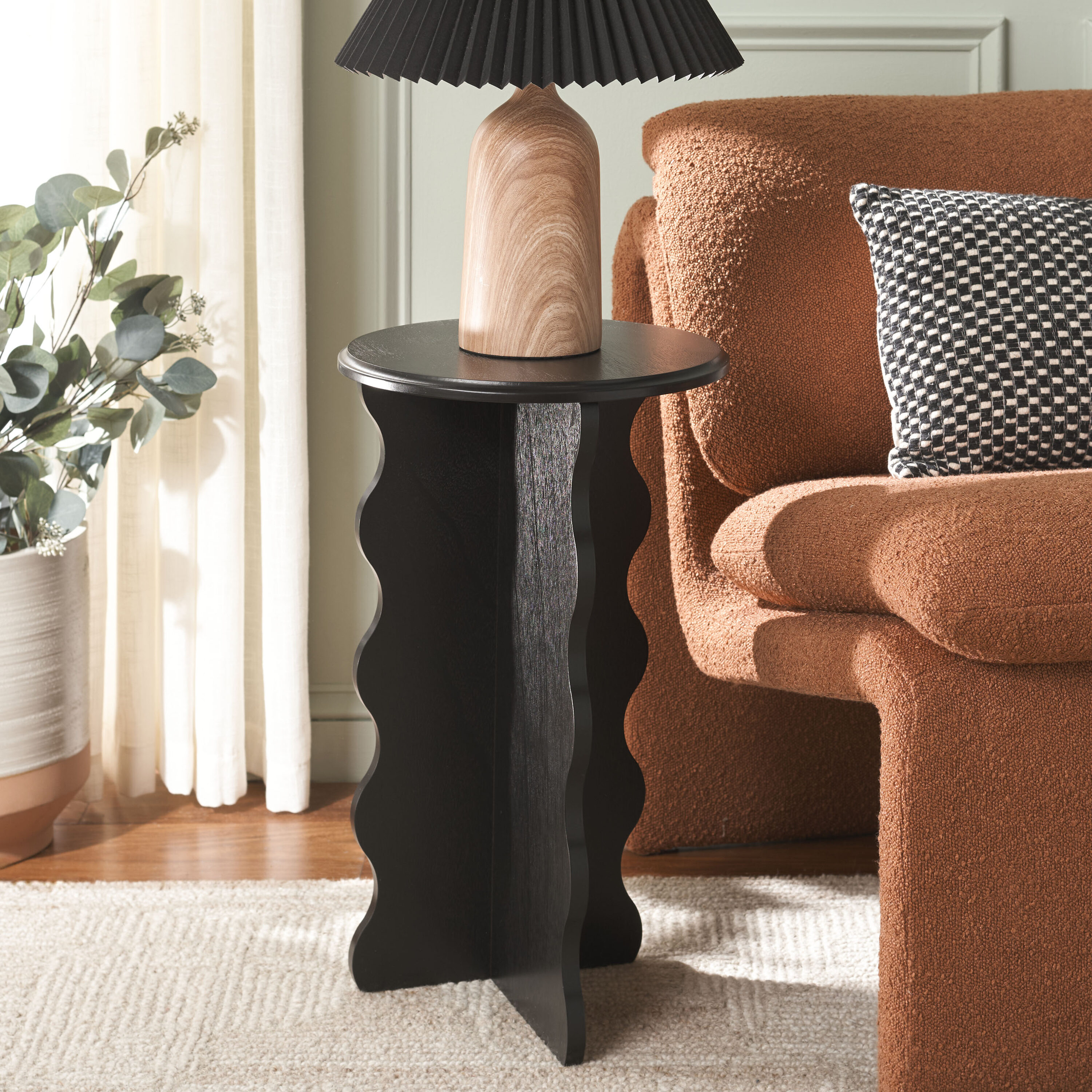 Matte Black Round Wavy Wood Accent Table, 15" x 22"