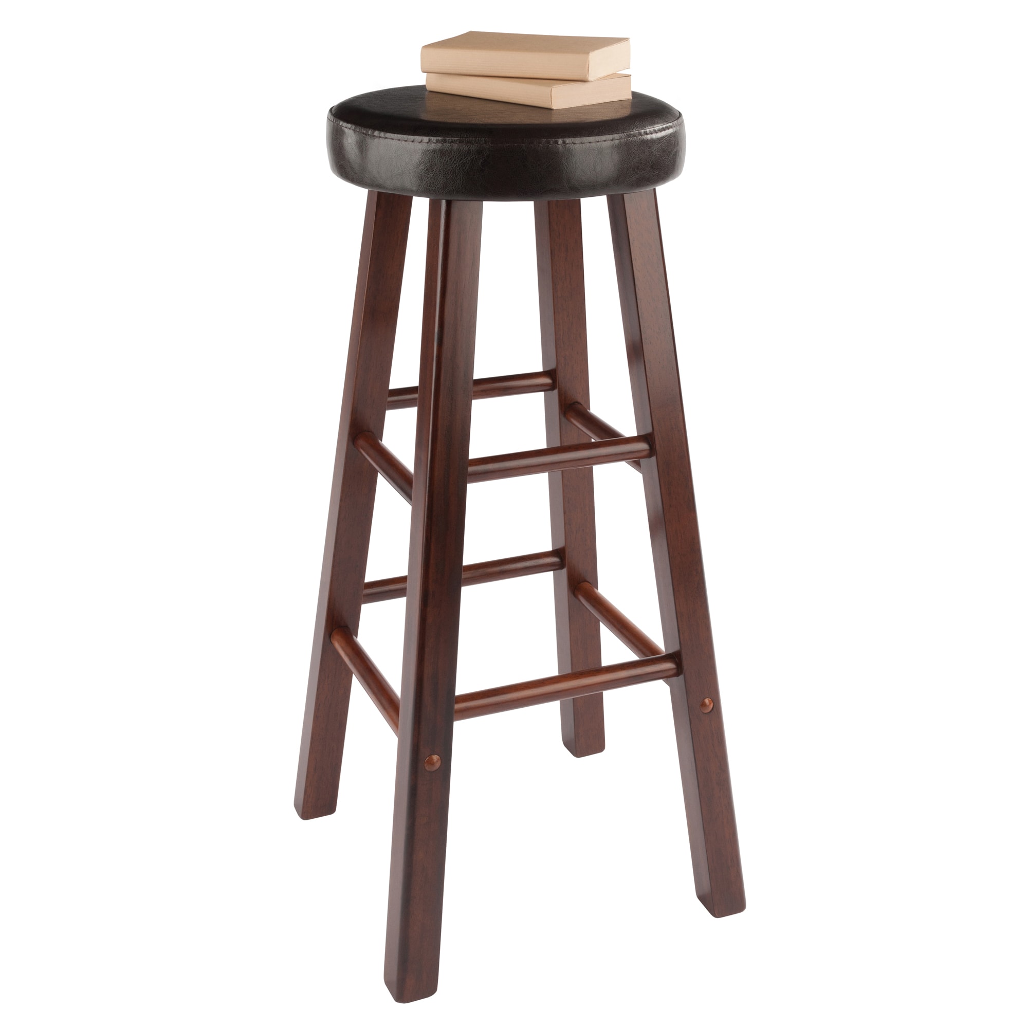 Transitional Walnut Brown Wood Bar Stool with Espresso Cushion, 30"
