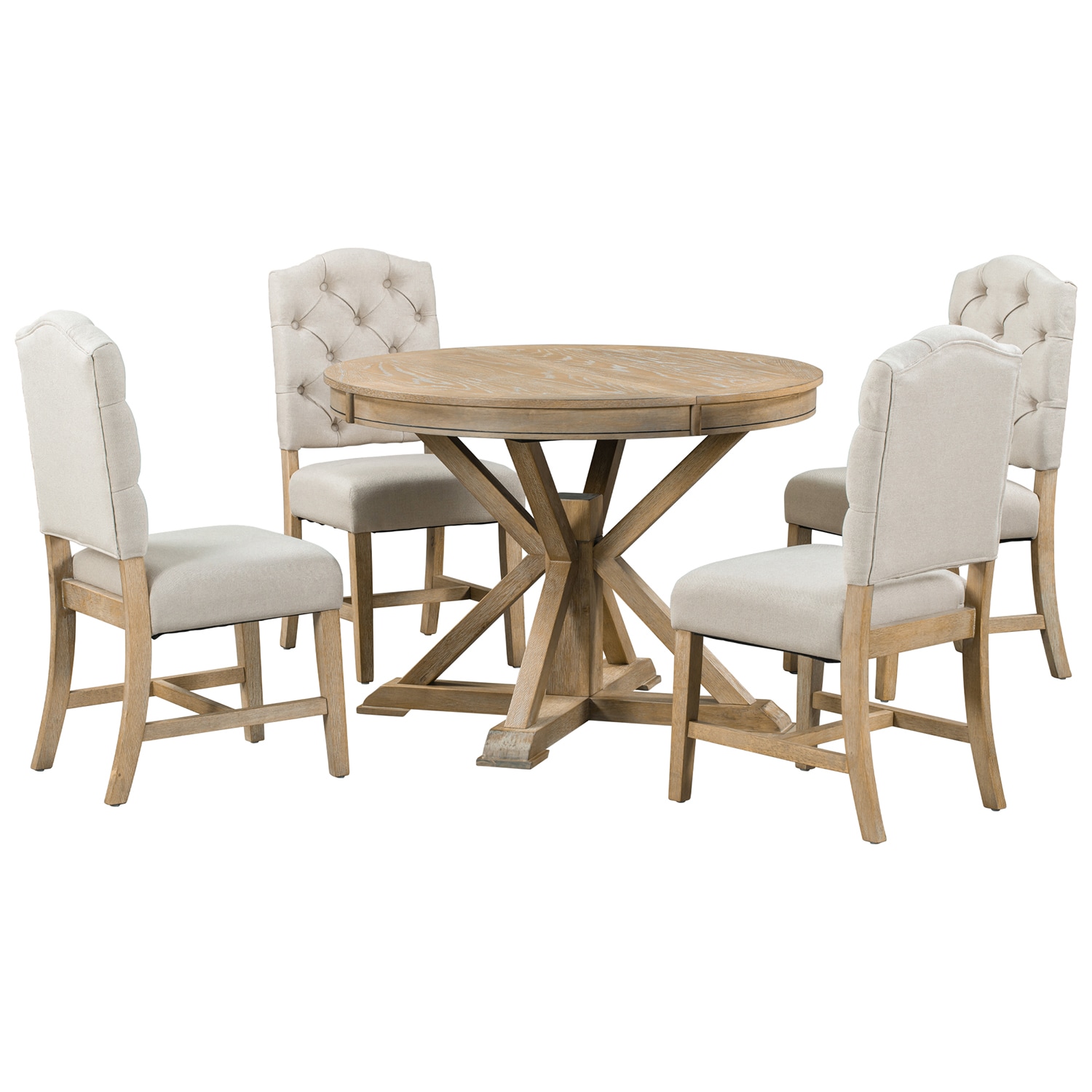 SINOFURN SYA010208GN Natural Wood Wash Rustic Dining Room Set with Round Table ( Seats 4 )