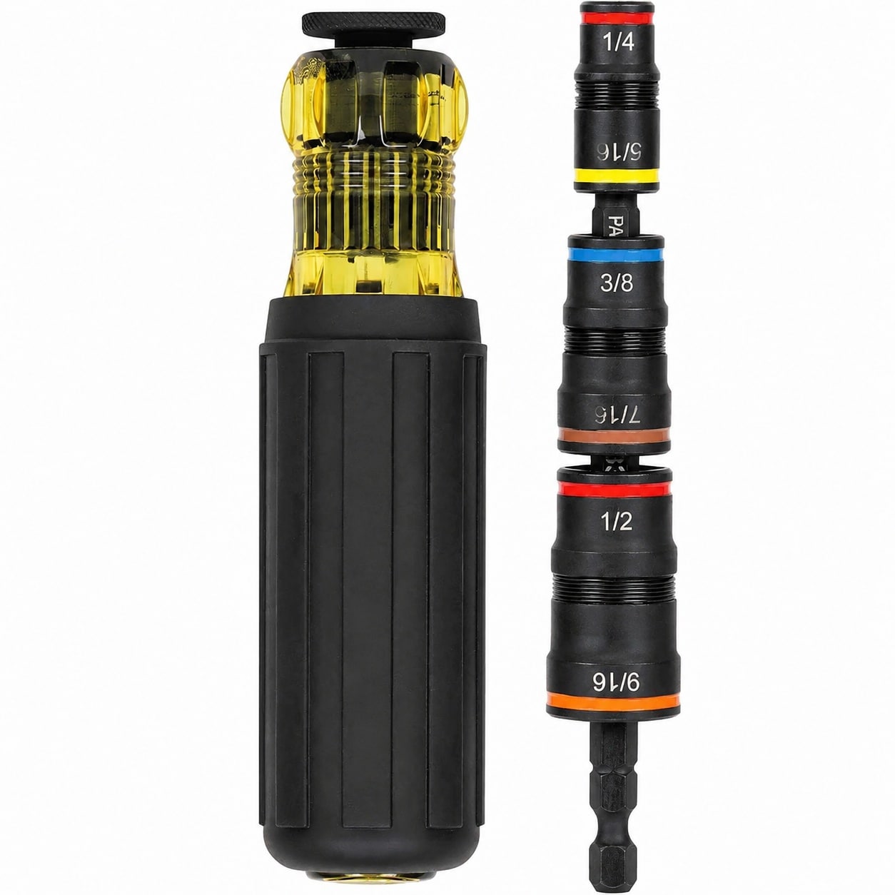 Misopily  7 in 1 Impact Driver Flip Socket Set with Handle and 1 4 5 16 3 8 7 16 1 2 and 9 16 Inch Nut Driver Sizes and 1 4 Inch Bit Holder