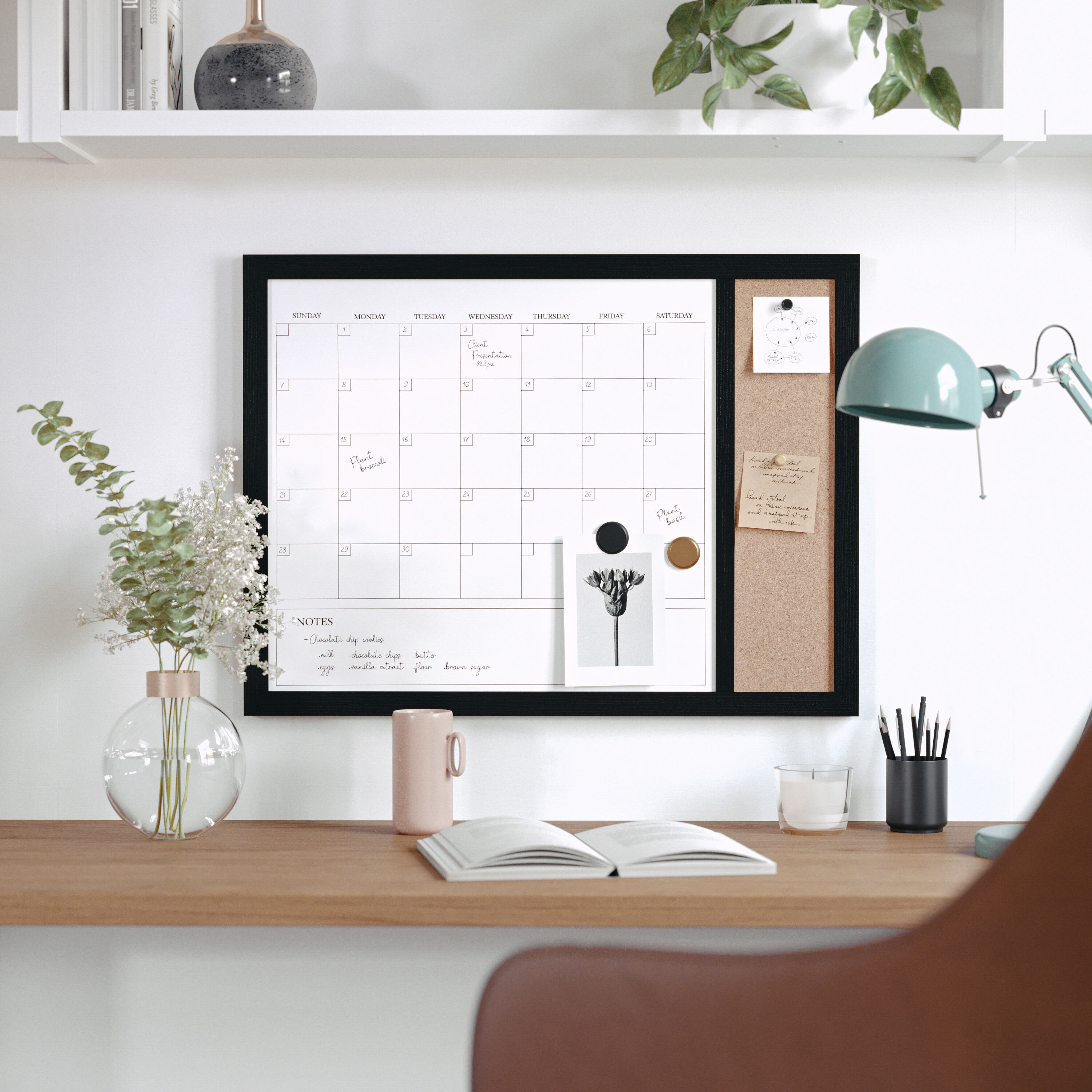 Black Woodgrain 24" x 18" Magnetic Dry Erase Calendar with Cork Board