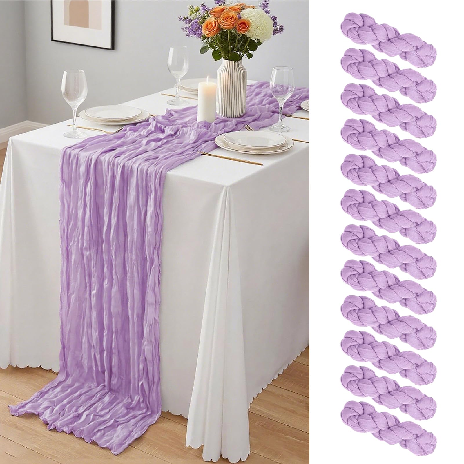 Phewnyzo  12 Pack Lavender Cheesecloth Table Runners 10 Ft 21.5 x 120 Inch Pleated Sheer Fabric for Wedding Party Baby Shower and Bridal Shower