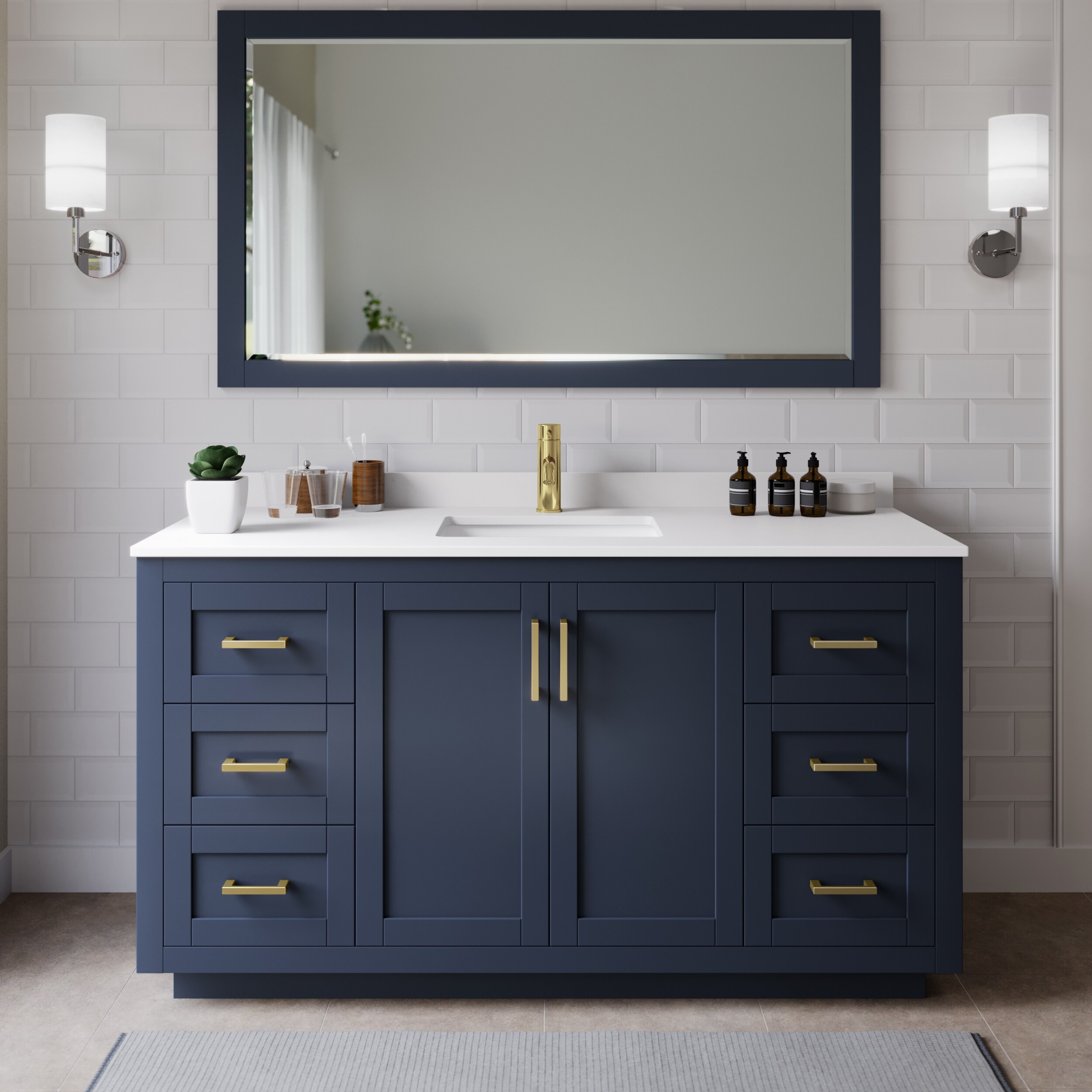 Wyndham Collection WCF292966SBLWCUNSMXX Miranda 66-in Dark Blue with Brushed Gold Trim Undermount Single sink Bathroom Vanity with White Cultured Marble Cultured marble Top