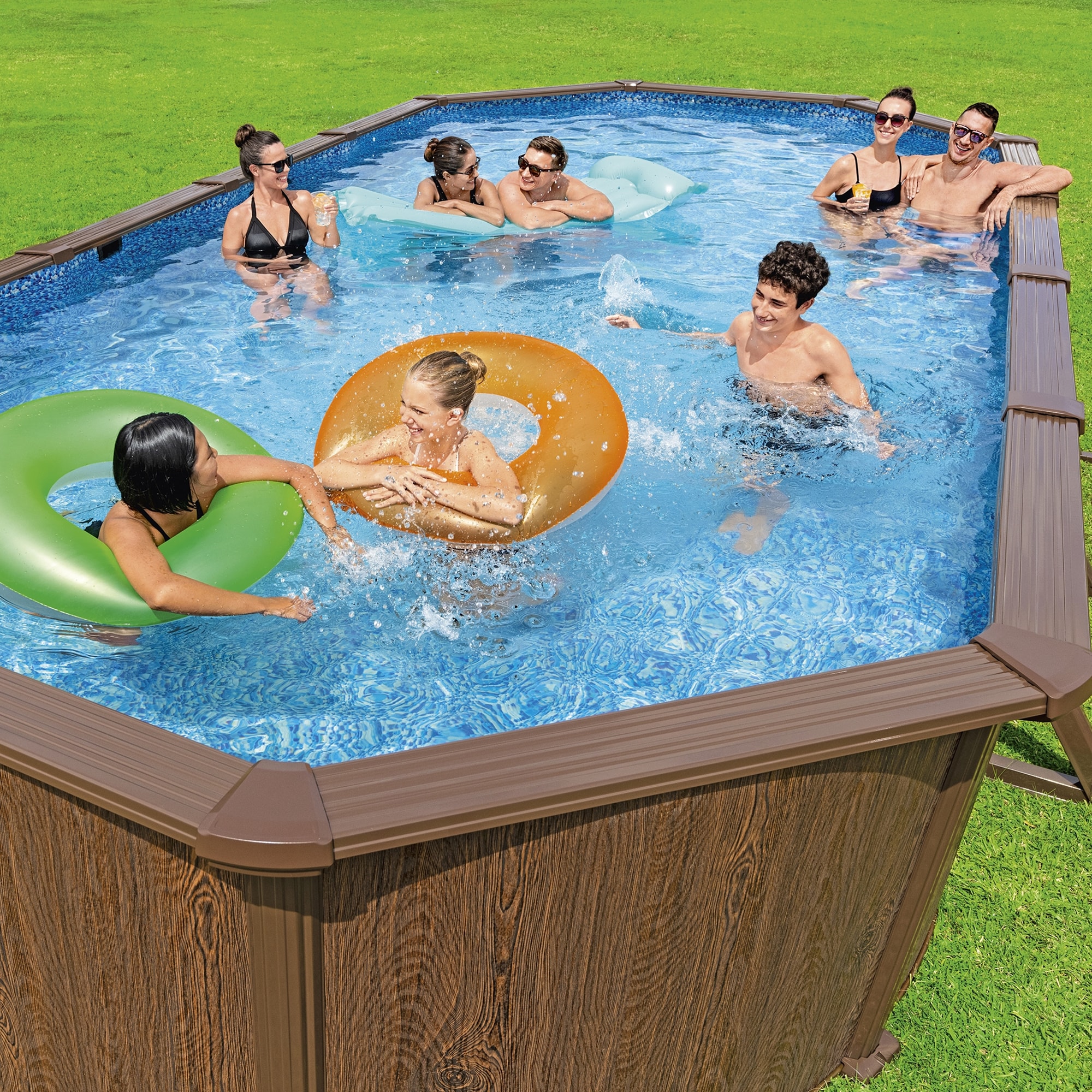 Bestway 24' x 12' x 52" Brown Woodgrain Steel Frame Oval Pool Set