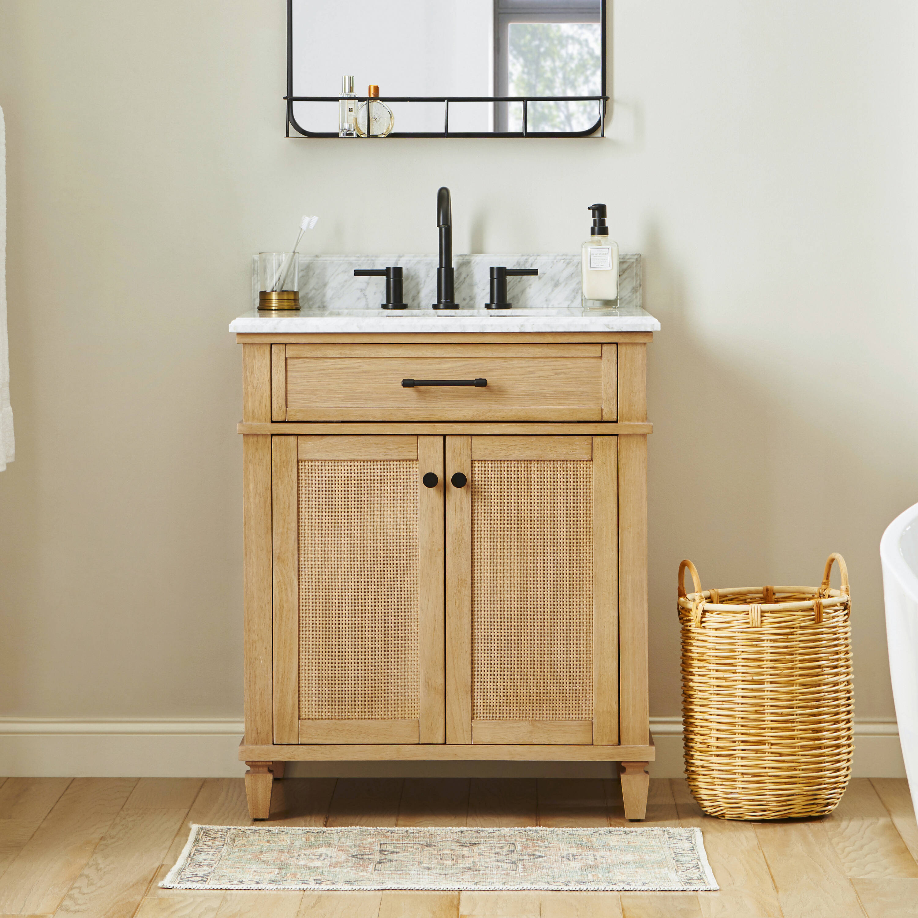 Wallister 30-in Wood Undermount Single Sink Bathroom Vanity with White Natural Marble Top in Brown | - allen + roth L22095-VS30-WD