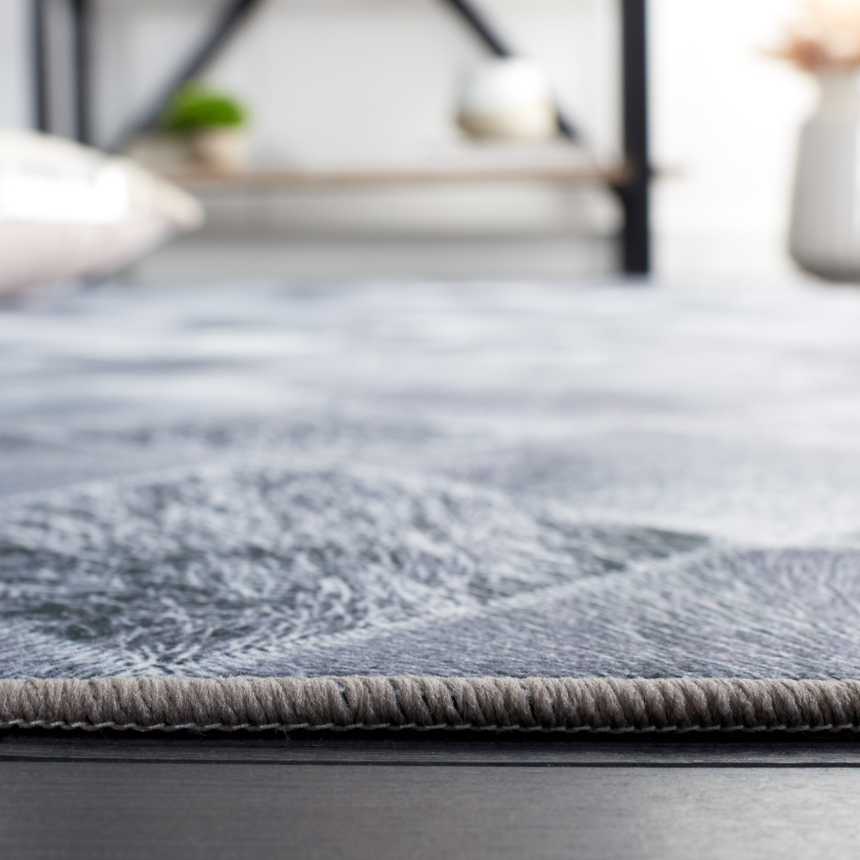Gray Faux Fur Diamond Pattern Washable Area Rug