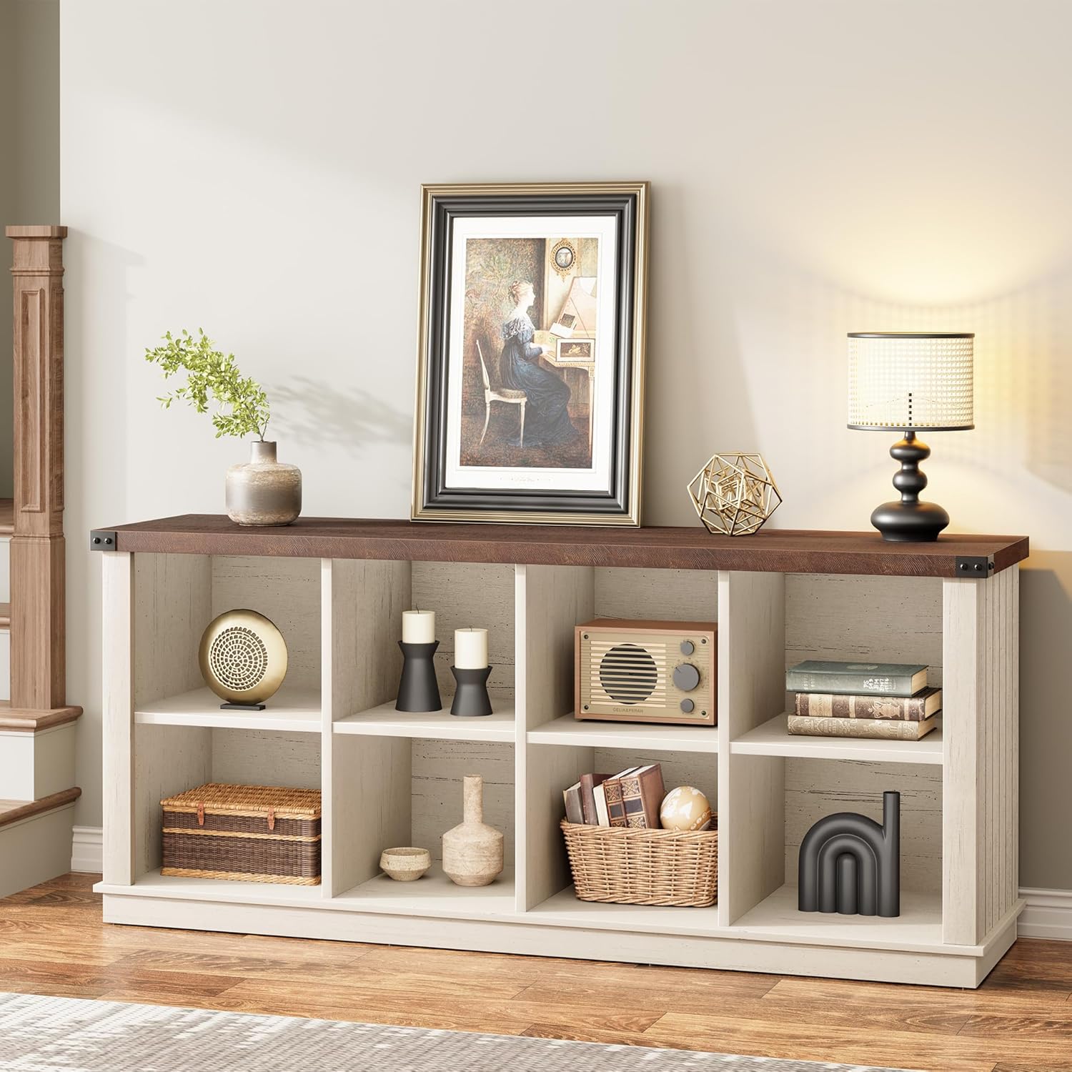 IdealHouse Farmhouse 8 Cube Storage Cabinet Long Horizontal Wood Bookshelf with 2 Tier Organizer Freestanding for Living Room Entryway or Office