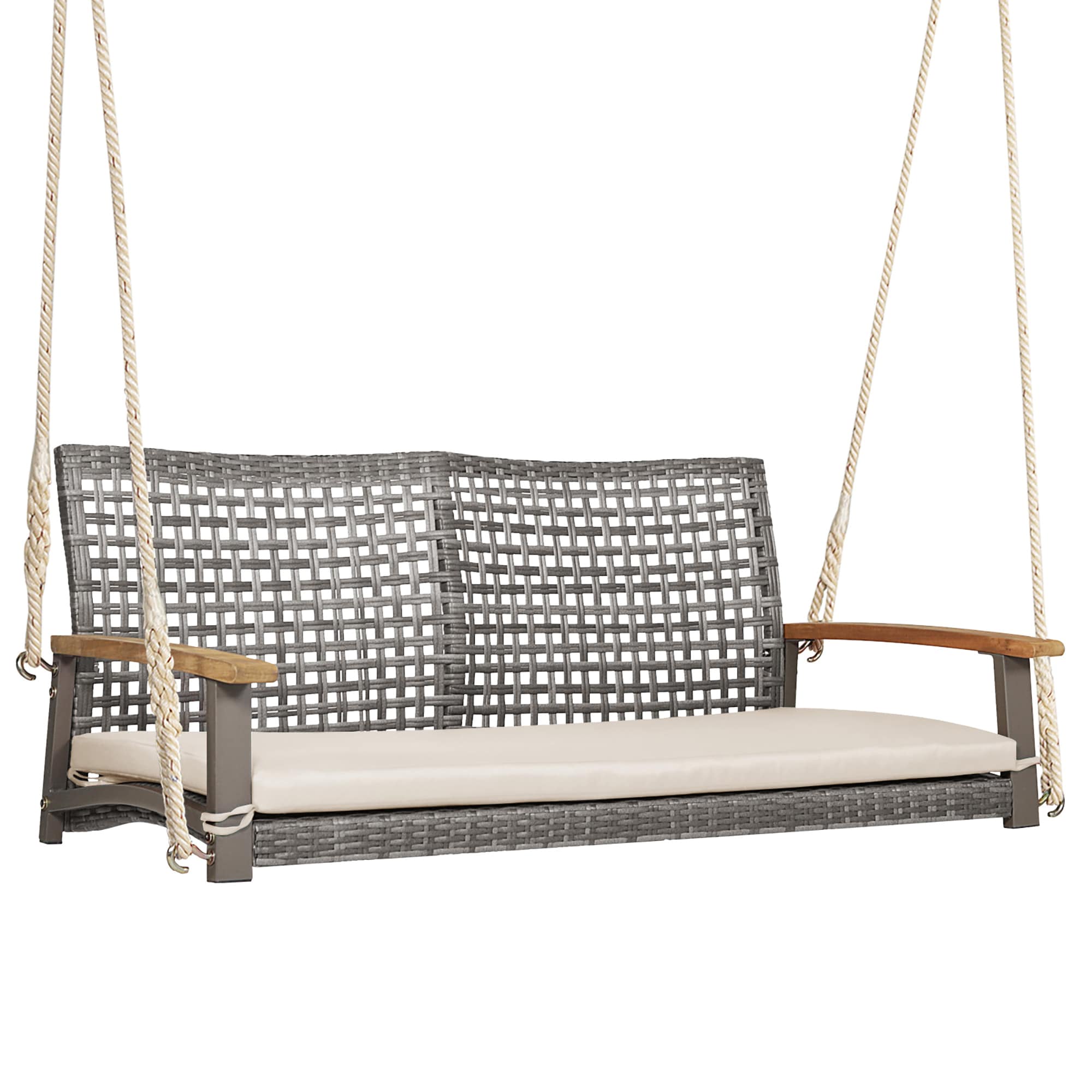 Costway HW69766WH Rattan Mix Gray Rattan Frame Hanging Chaise Lounge Chair with White Solid Seat
