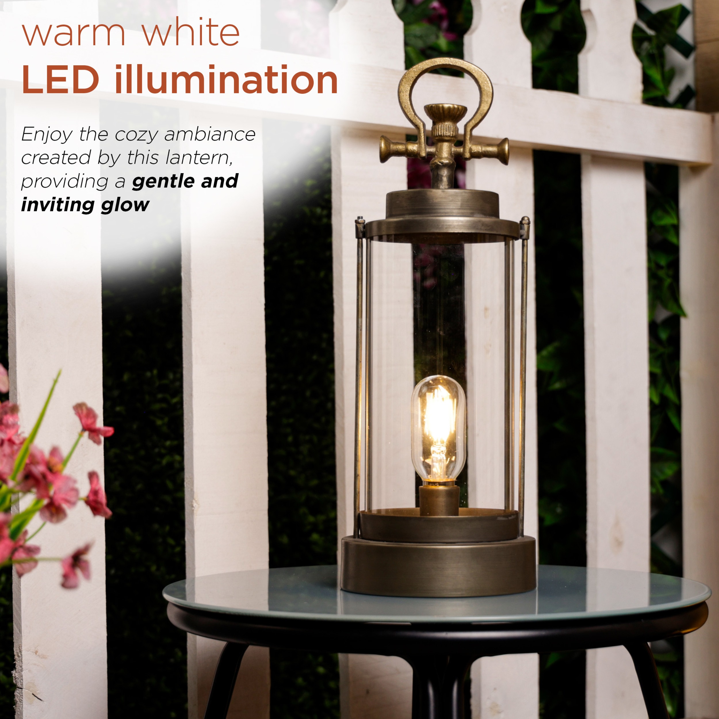 Vintage Gold Metal and Glass Lantern with LED Light