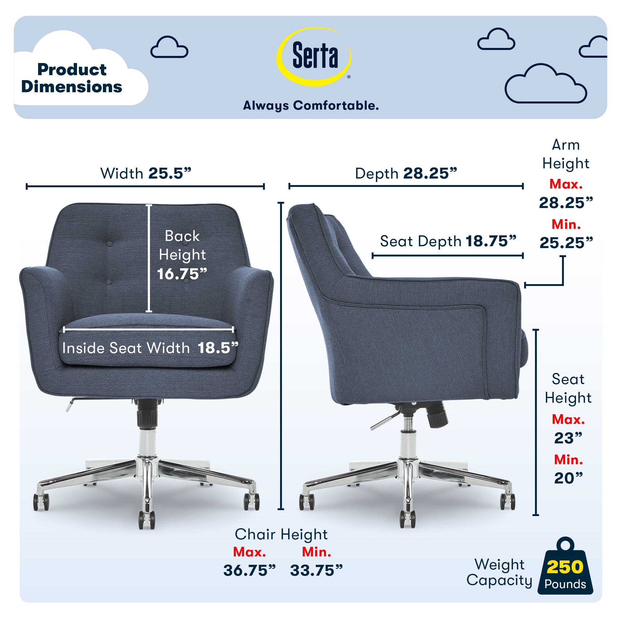 Sanctuary Blue Memory Foam Swivel Home Office Chair with Arms