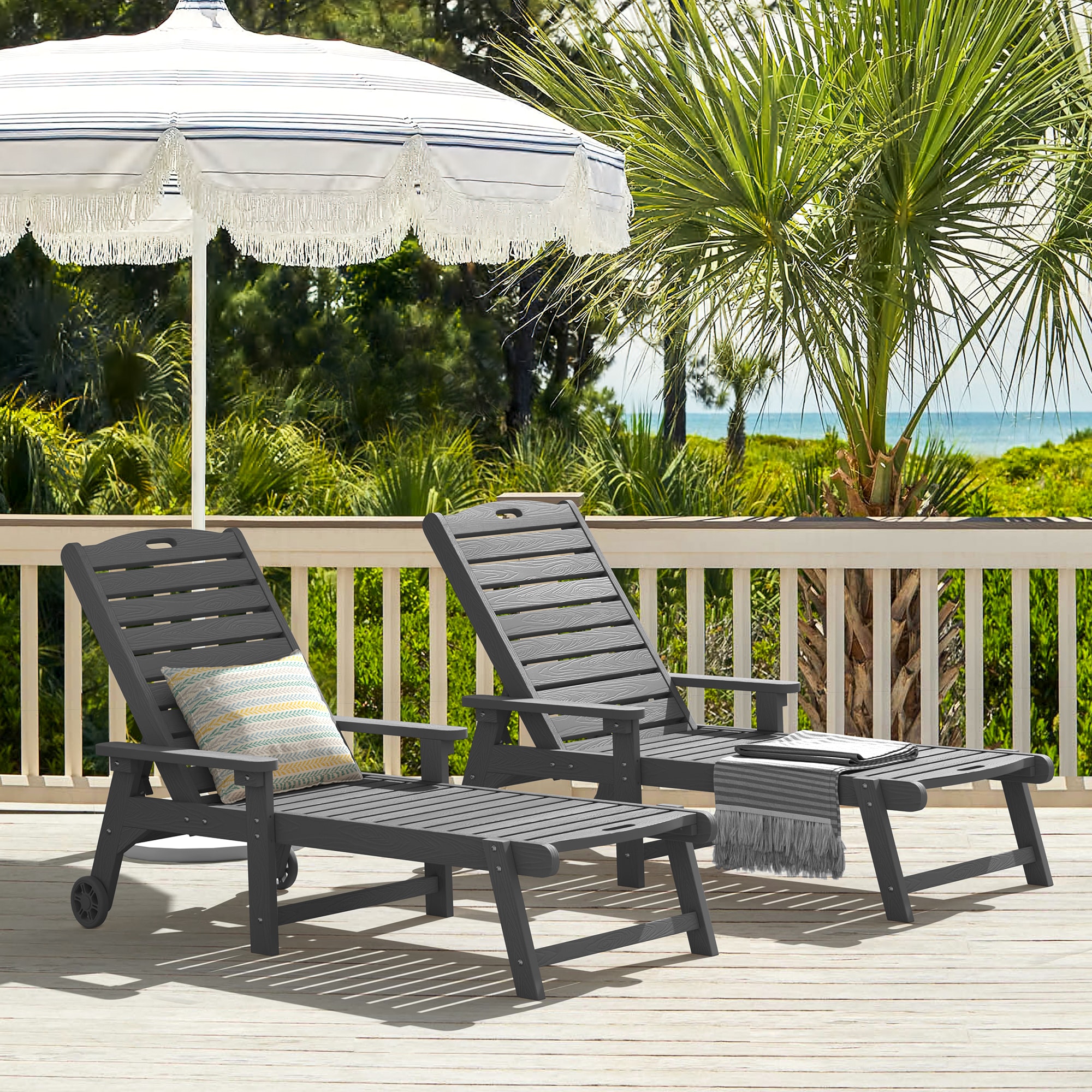 LUE BONA 2LB23OLC0001-700LS Set of 2 Dark Gray HDPE Frame Stationary Chaise Lounge Chair with Slat Seat
