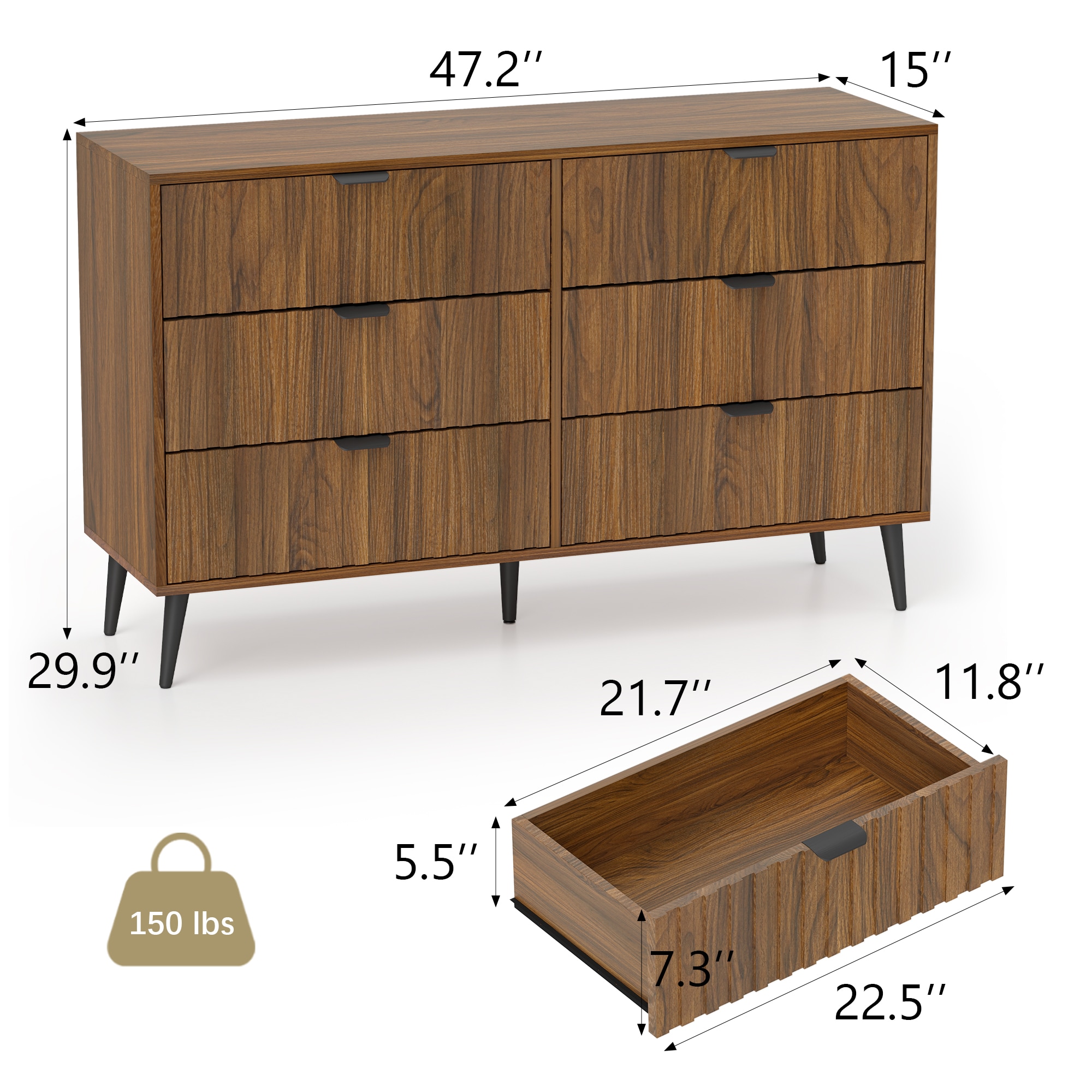 Dark Brown Finished Wood 6-Drawer Rectangular Dresser