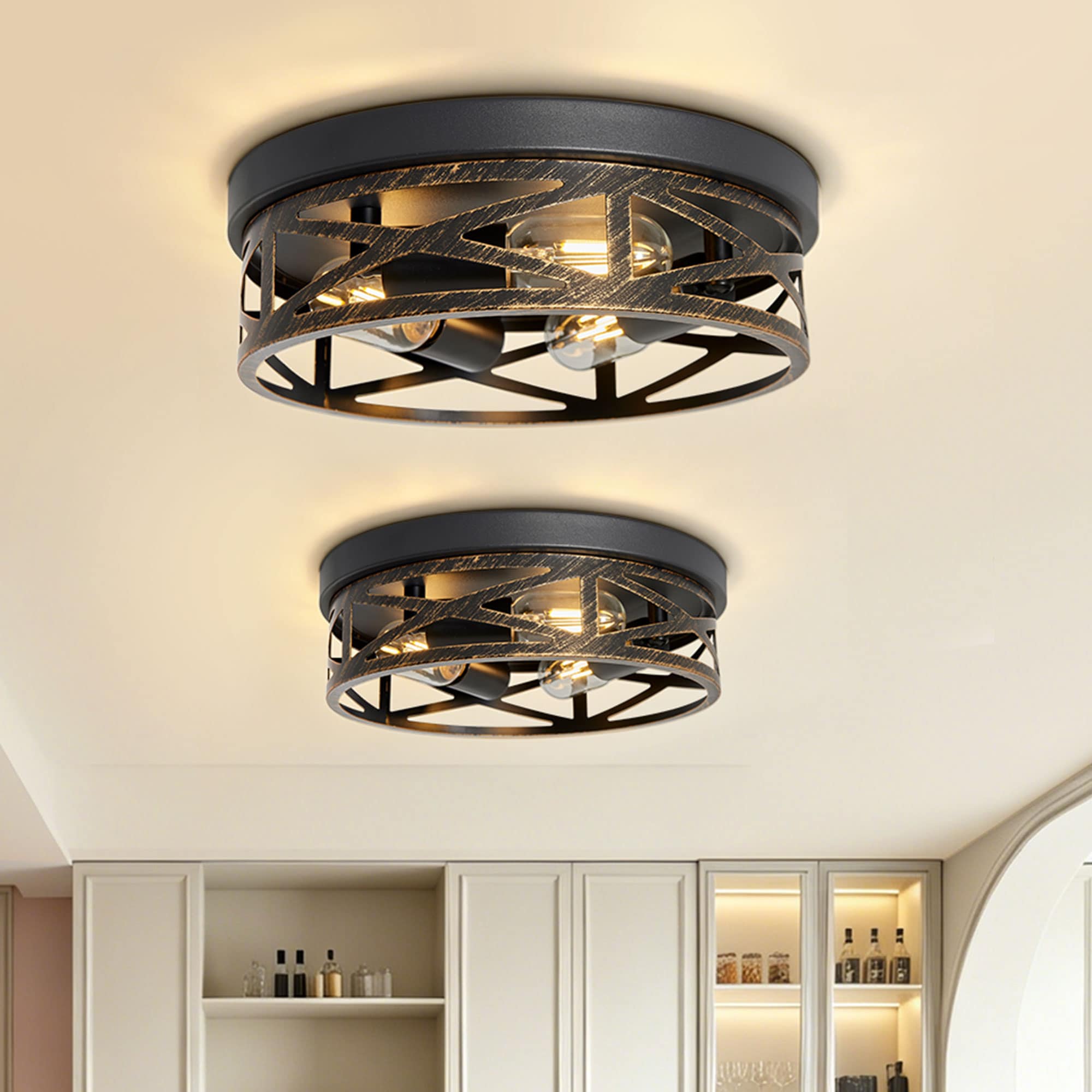 DIKAIDA 2 PCS 12.6IN 3-Light Metal Round Flush Mount Ceiling Light Industrial Light Fixture