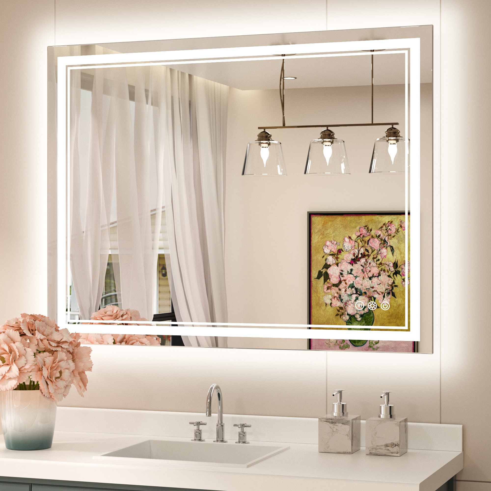 Keonjinn LW-JZ-ZBGSSW-10181 Bathroom Mirrors 40-in x 32-in Polished Frameless Rectangle Dimmable LED Lighted Fog Free Bathroom Vanity Mirror ( Silver )