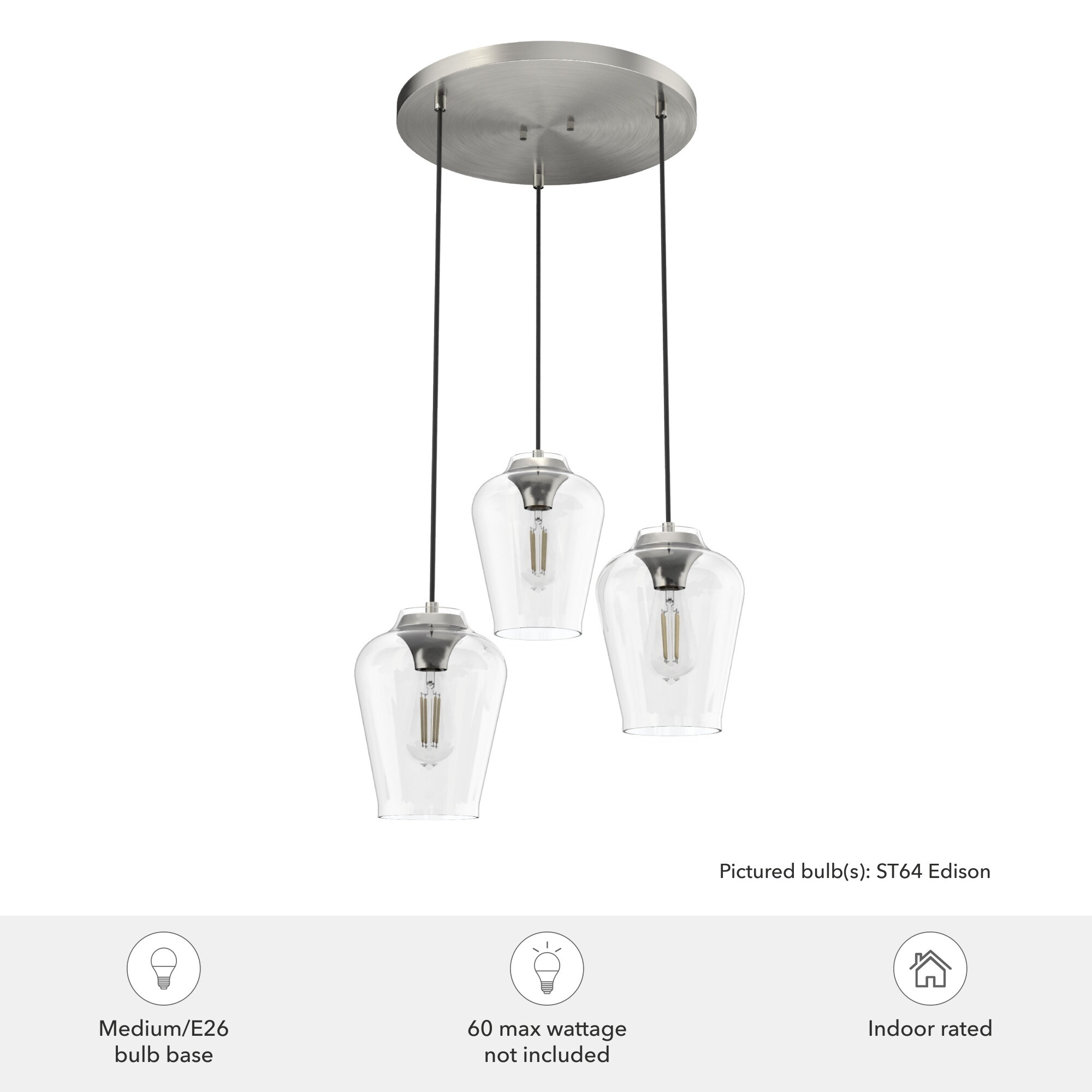 Hunter Vidria Brushed Nickel 3-Light Cluster Pendant Fixture