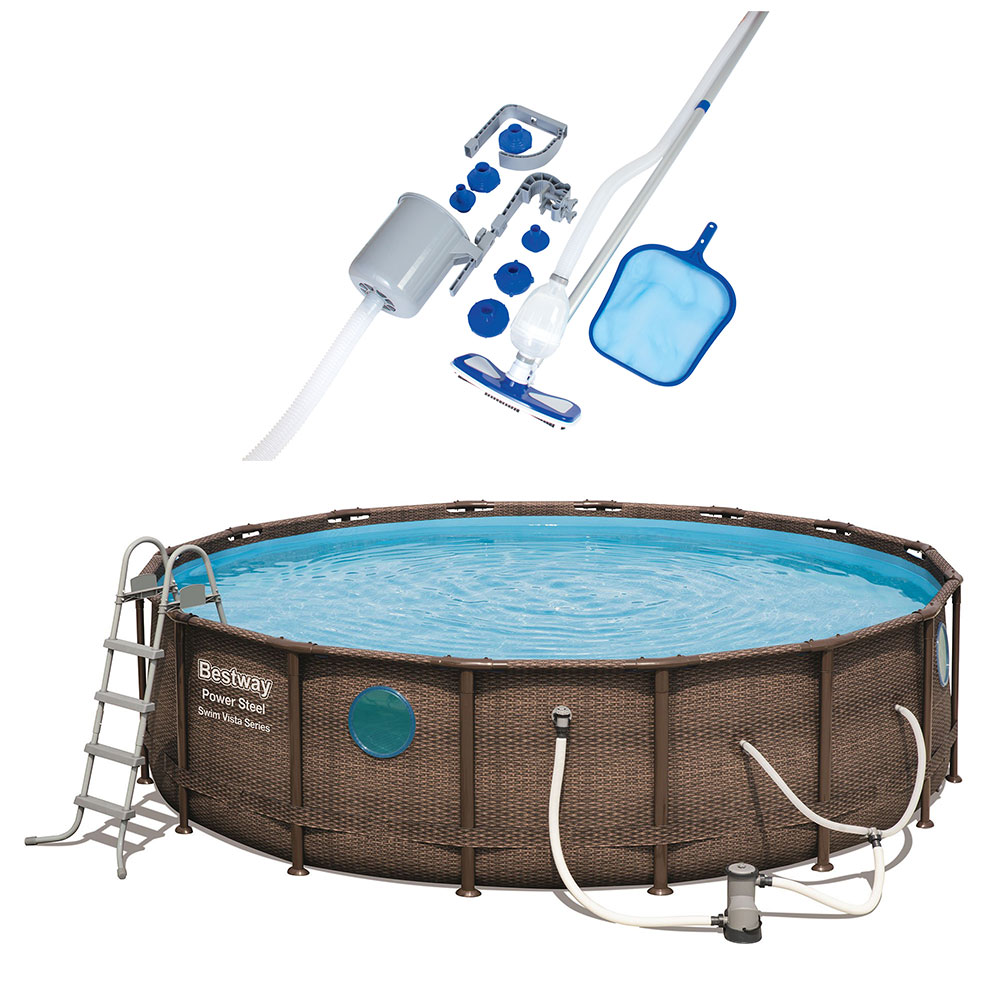Bestway 147475 16-ft x 16-ft x 48-in Metal frame Round Above-Ground Pool with Filter Pump with Ground Cloth with Pool Cover with Ladder