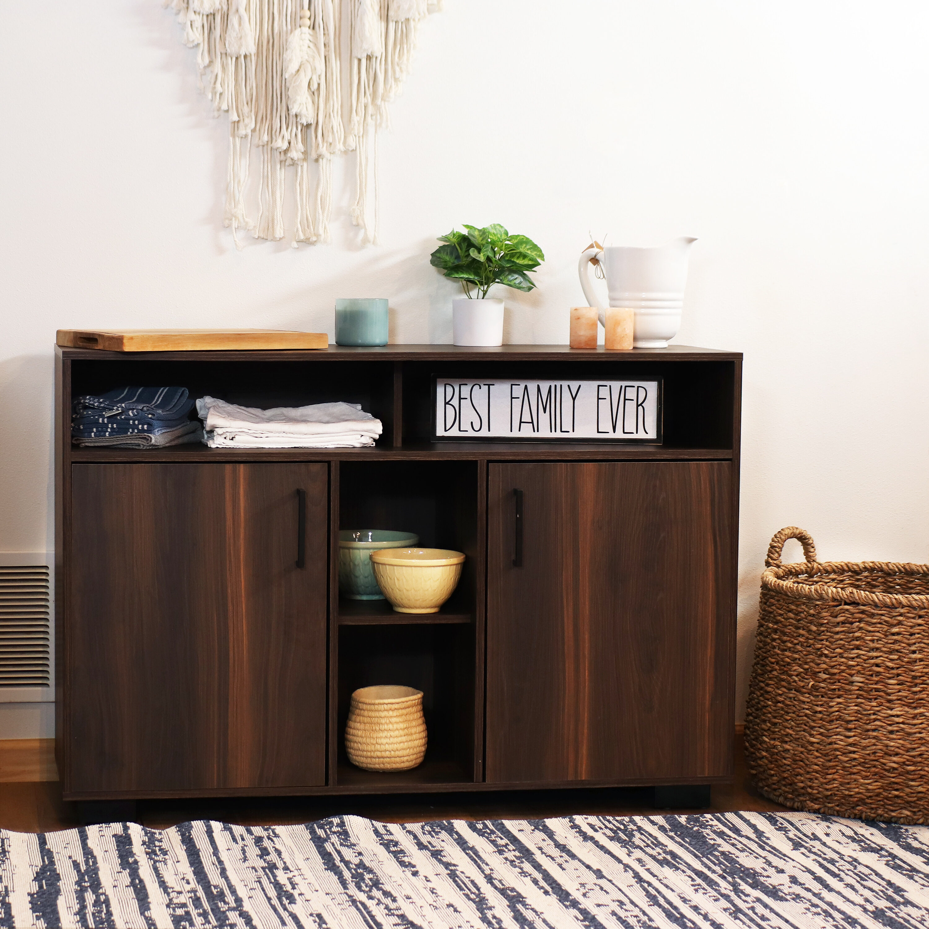 Anthony Coffee Brown Pine MDF Sideboard Buffet Cabinet with Shelves