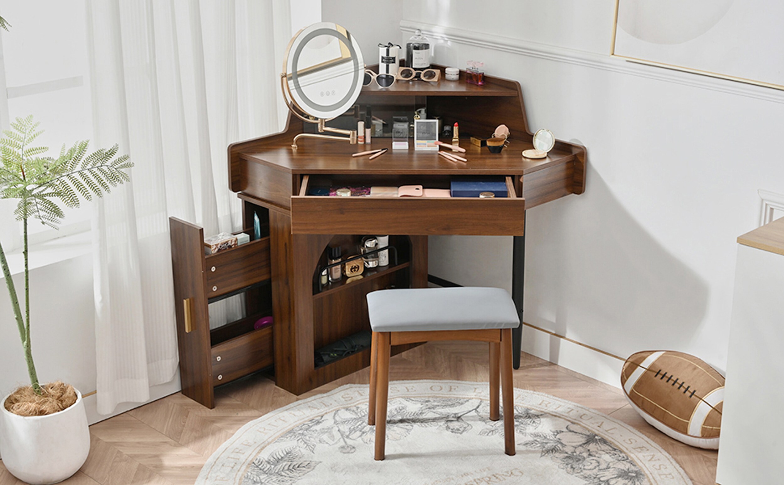 ModernLuxe L3P-N844P263663W Corner Makeup Vanity Desk With Mirror LED LightsModern Vanity Set With Mirror And StoolDressing Table With Large Storage For Small PlaceBrightness Adjustable Folding Mirror